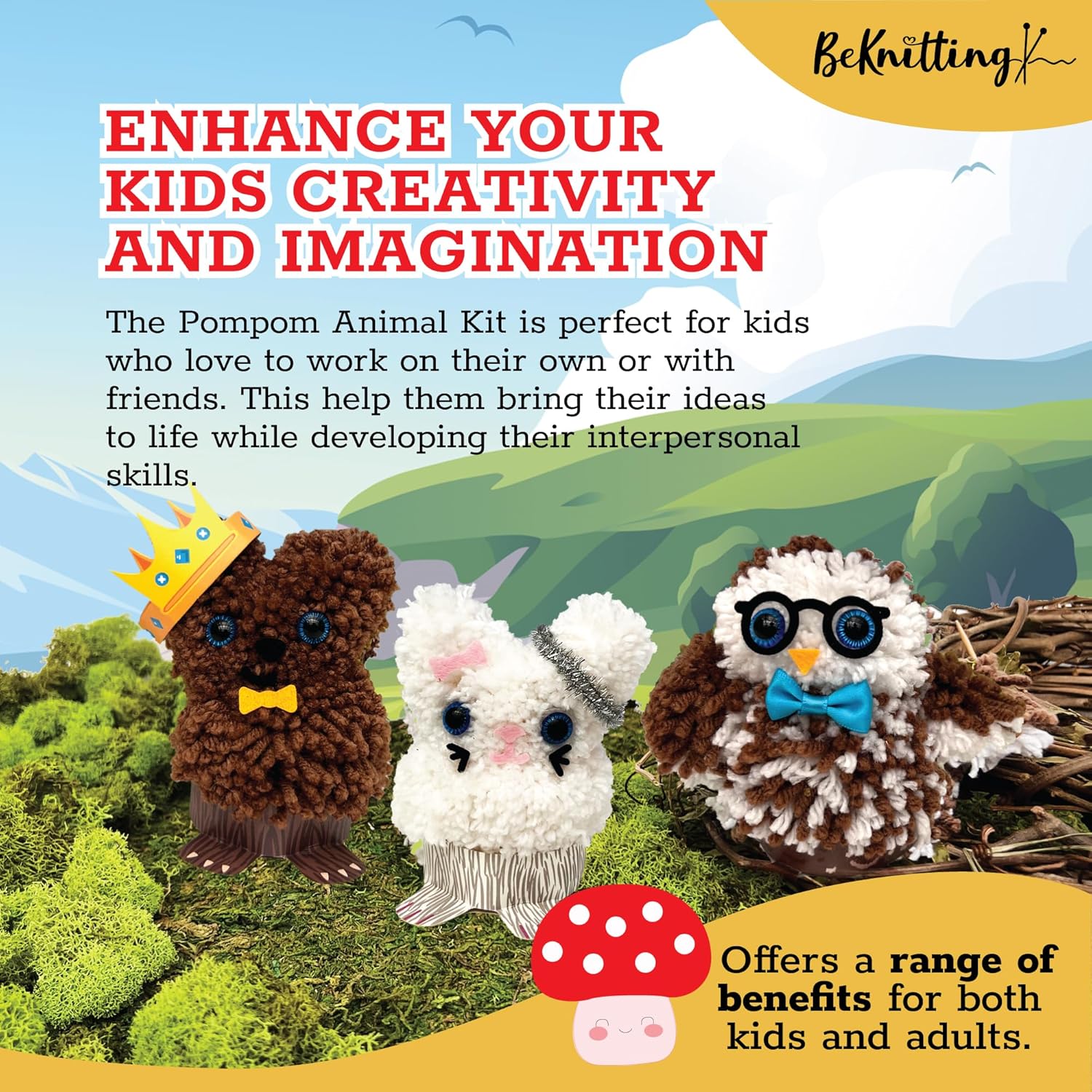 BeKnitting Kit de manualidades para hacer pompones para niños, completo con hilo, fabricantes de pompones y calcomanías