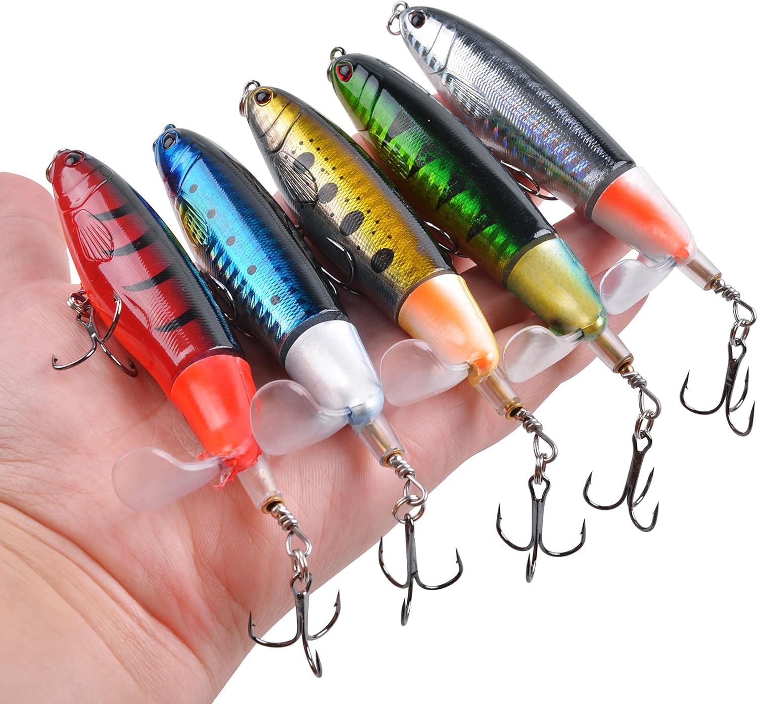 Topwater – Señuelo de pesca de lubina, 5 señuelos de pesca Plopper, minnow con cola giratoria flotante, kit de señuelos para agua dulce y salada,