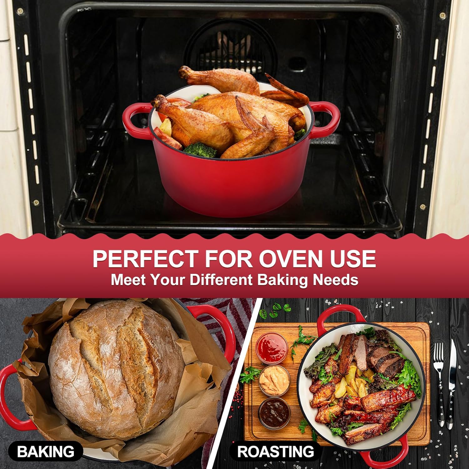 P&P CHEF – Horno holandés esmaltado de 6 cuartos de galón con tapa, olla holandesa de hierro fundido de 6 cuartos de galón, olla redonda esmaltada