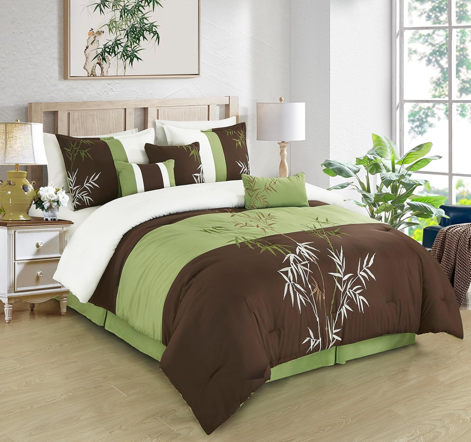 Chezmoi Collection Bengal – Juego de edredón bordado de bambú de 7 piezas, tamaño California King, ropa de cama de microfibra de hierba de bambú