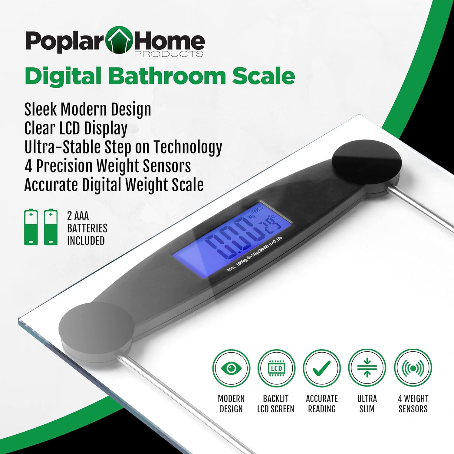 Poplar Home Products Báscula digital de baño para un peso corporal preciso, báscula de vidrio transparente ultra fina, diseño de paso automático, 4