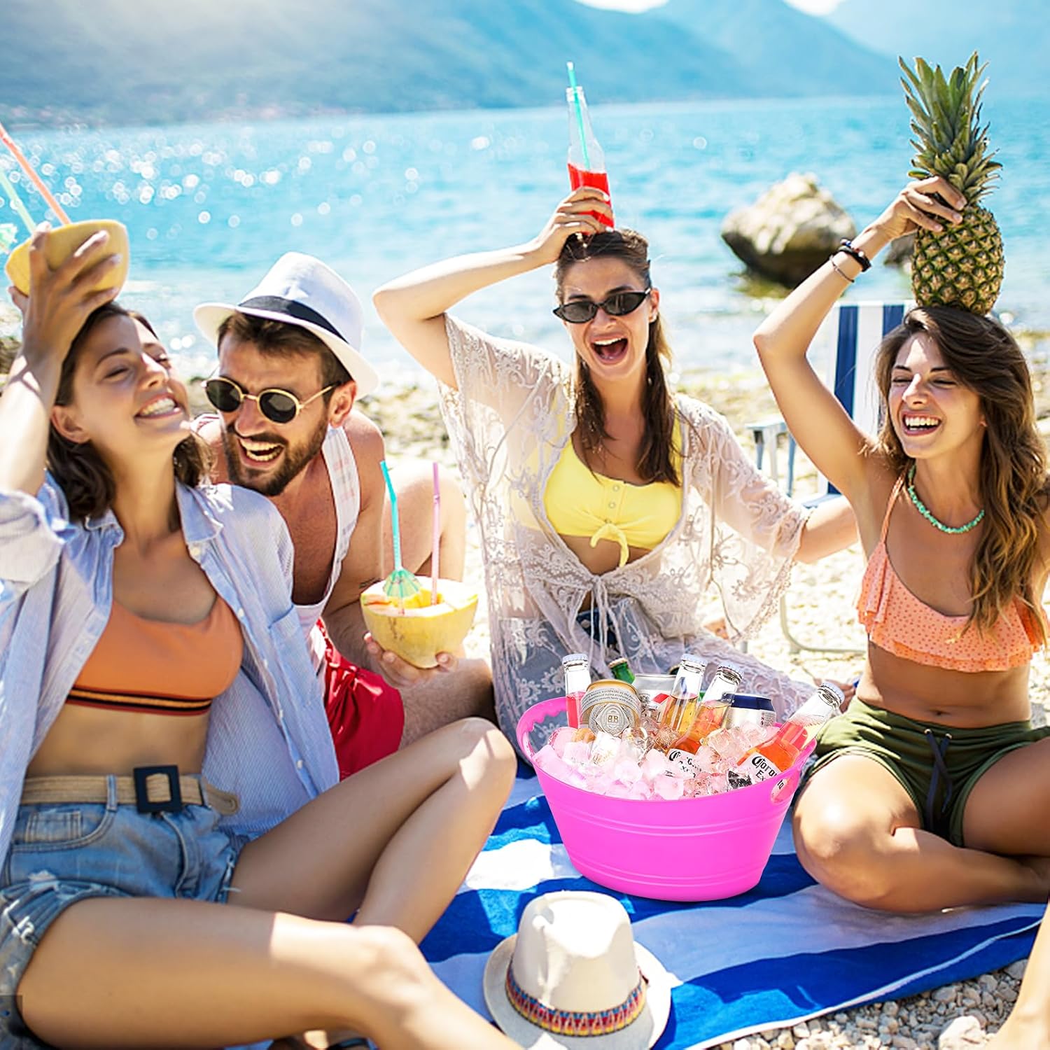 8 cubos de hielo, cubos de hielo de plástico para fiestas, cubos de bebidas con asas, cubos de bebidas, recipiente de plástico ovalado para botellas
