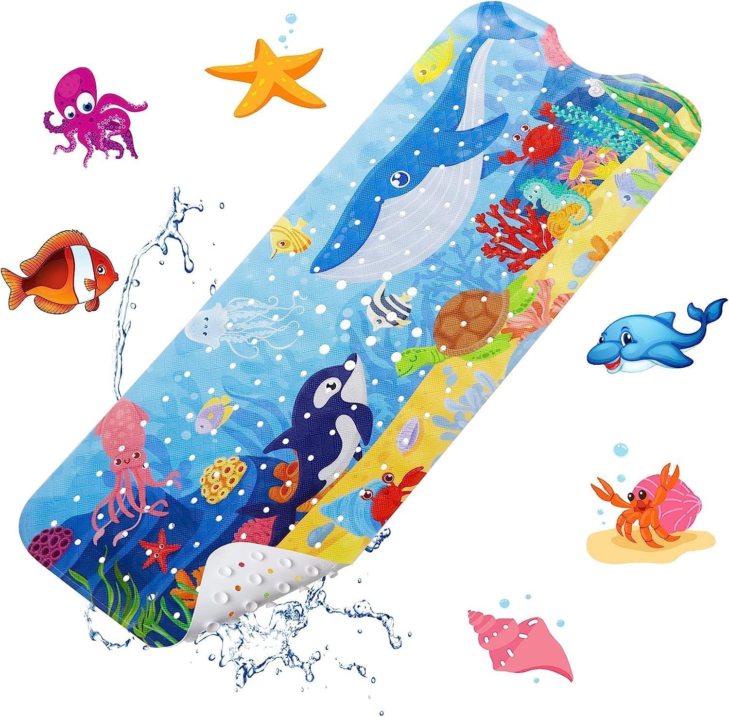Alfombra de baño para bebé para niños, 40 x 16 pulgadas, extra larga, antideslizante, con dibujos animados, con agujeros de drenaje y ventosas,