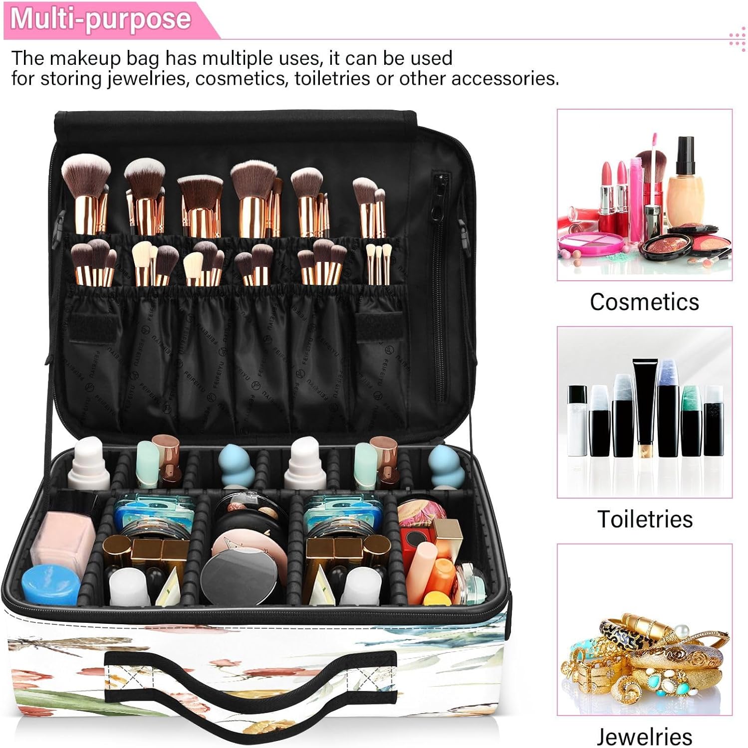 Pink Blush Flowers Green Leaves Branches Dragonfly zip cosmetic bag bags for women travel up bag organizator cute makeup bag bolso para maquillaje