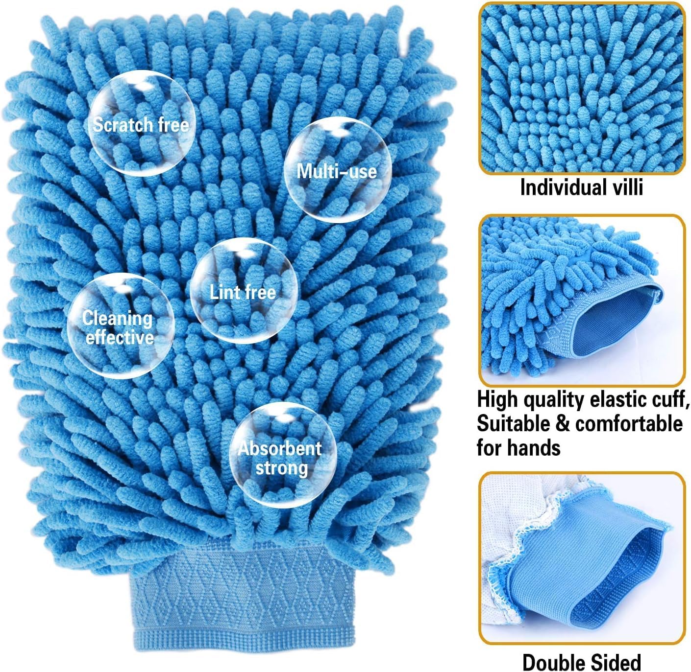 Manopla de lavado de coche azul marino de gran tamaño, guante de microfibra de chenilla de primera calidad, guante de limpieza de coche de chenilla