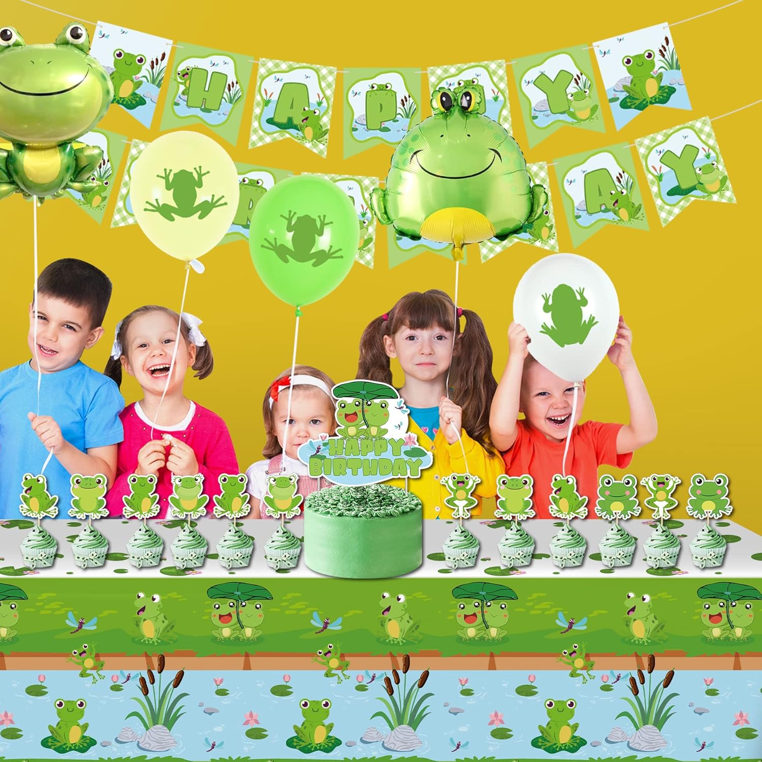 KEFAN Paquete de 4 manteles de rana para decoración de fiesta, manteles verdes para fiesta de cumpleaños, decoración de mesa rectangular, baby