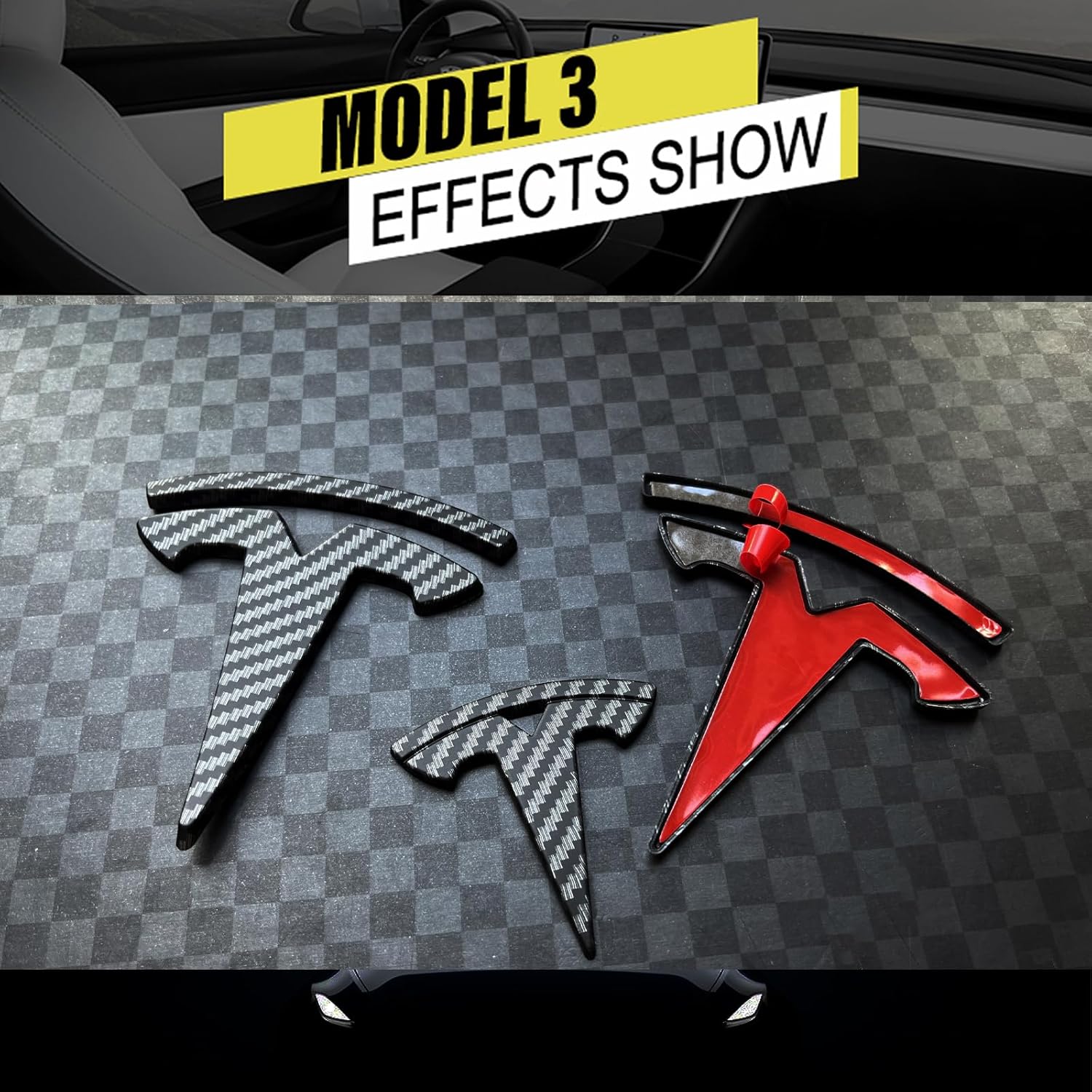 yhcdsea Adhesivos para cubierta del logotipo del maletero delanterotrasero del modelo 3 para Tesla Model 3, accesorios de emblema (patrón de fibra