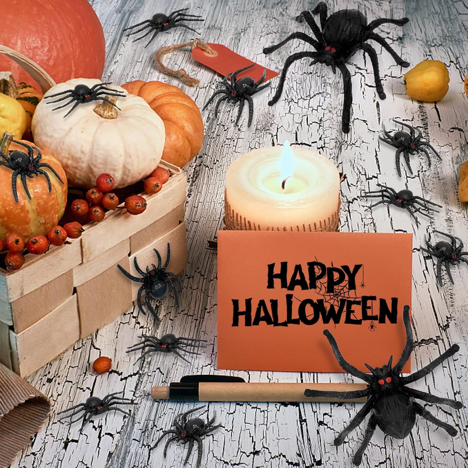 50 arañas de plástico para Halloween, arañas falsas de tres tamaños, broma de Halloween, juguetes de broma para decoraciones de Halloween