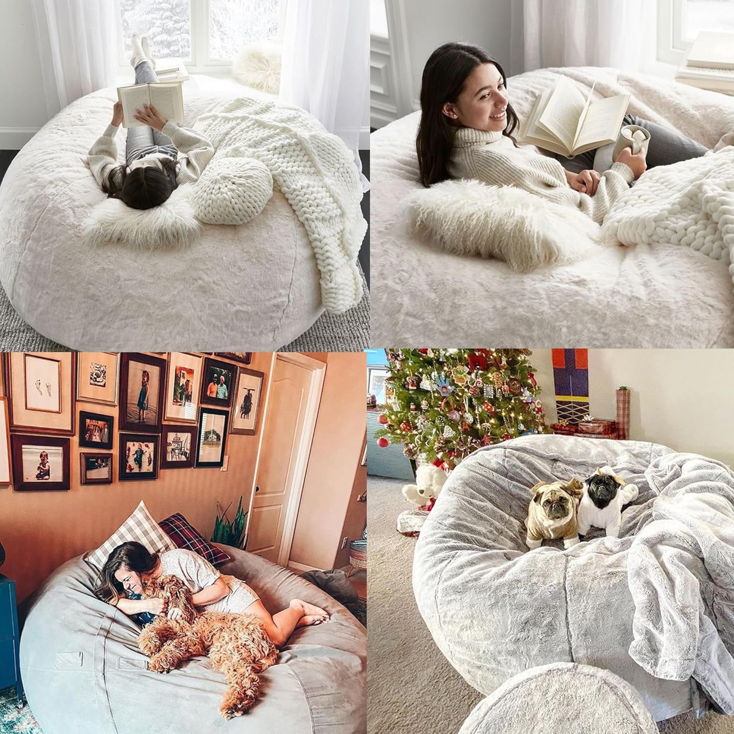 Puf gigante de 5678 pies para adultos, grande, redondo, suave, esponjoso, de piel sintética, funda para sofá cama, cómoda para dormitorio, lavable a