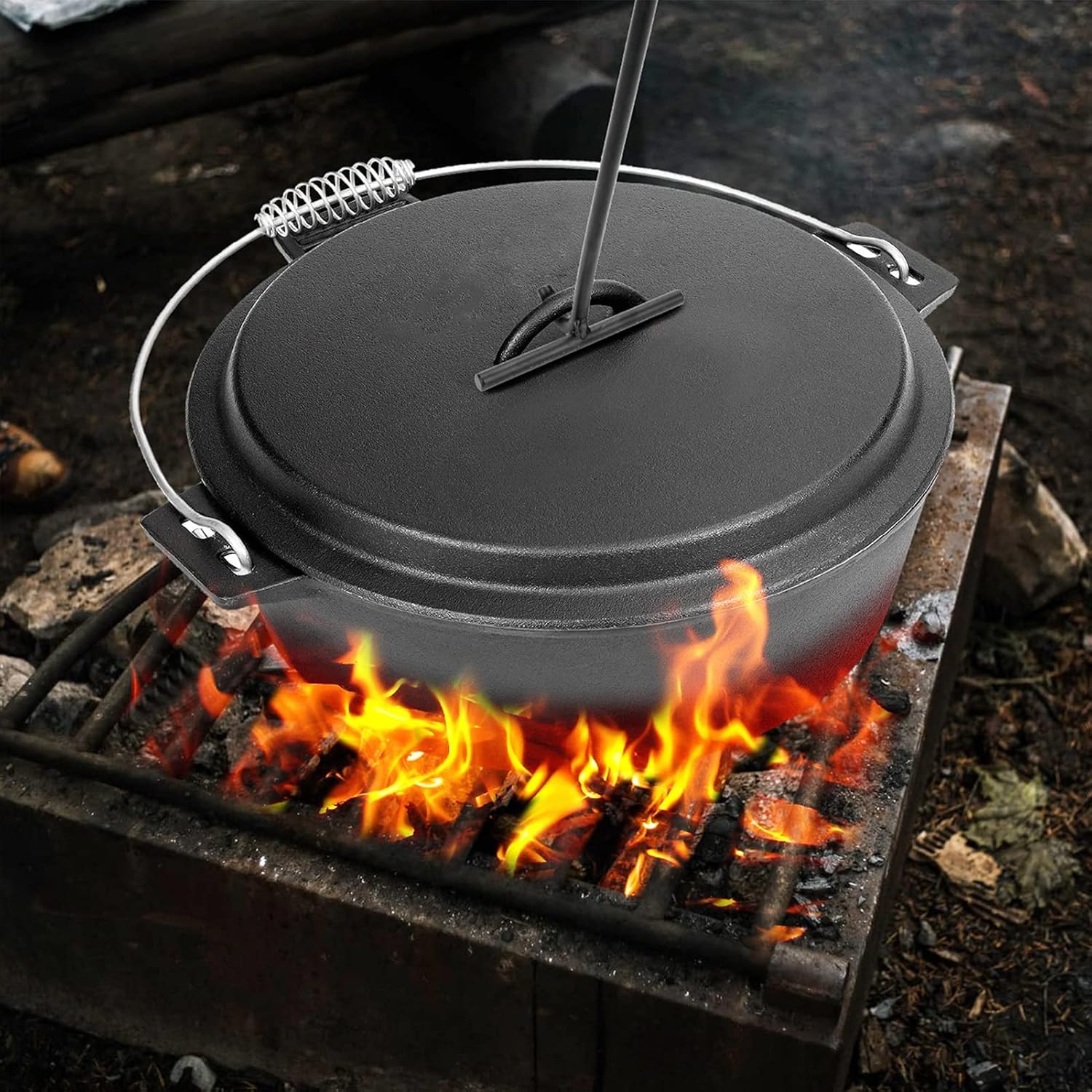 Topyond Levantador de tapa de horno holandés de hierro fundido de 7.7 in con mango en espiral para acampar al aire libre y senderismo, color negro