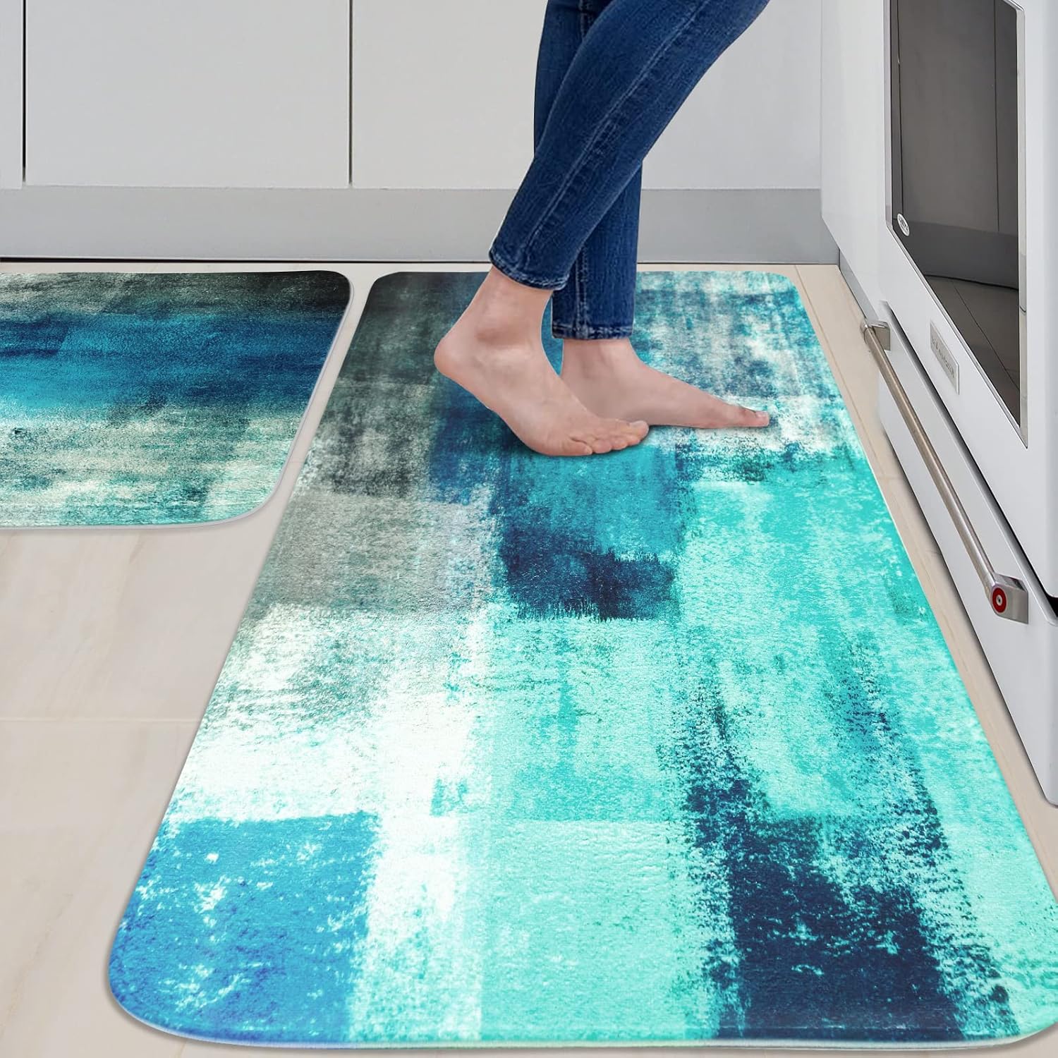 MAYHMYO Juego de 2 alfombras y tapetes de cocina verde azulado, 20 x 48 + 20 x 29.5 pulgadas, color turquesa, alfombra de cocina de arte abstracto,