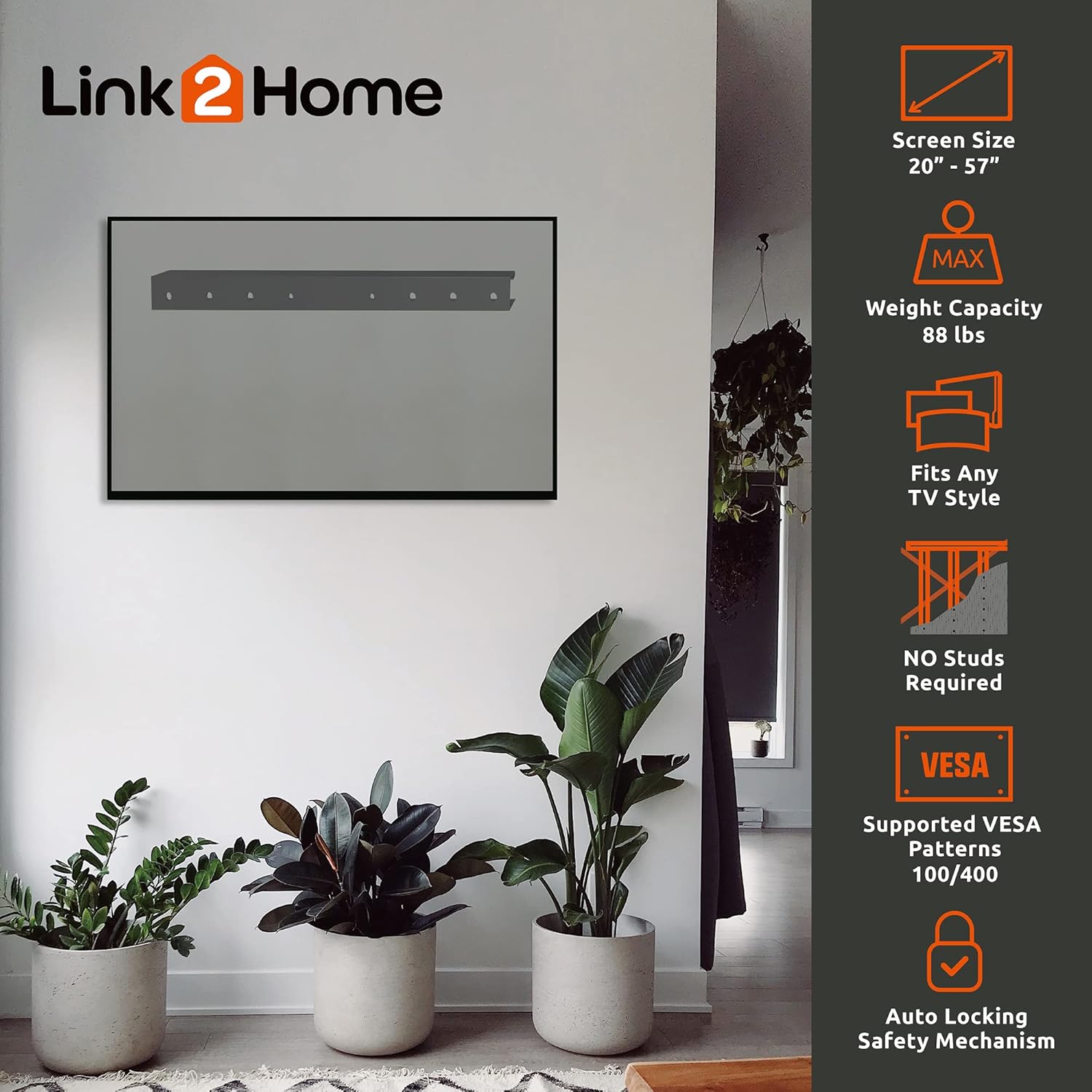 Link2Home Soporte fijo de pared para TV de hasta 57 pulgadas, se monta directamente en paredes de chapa o placas de yeso, no requiere tachuelas,