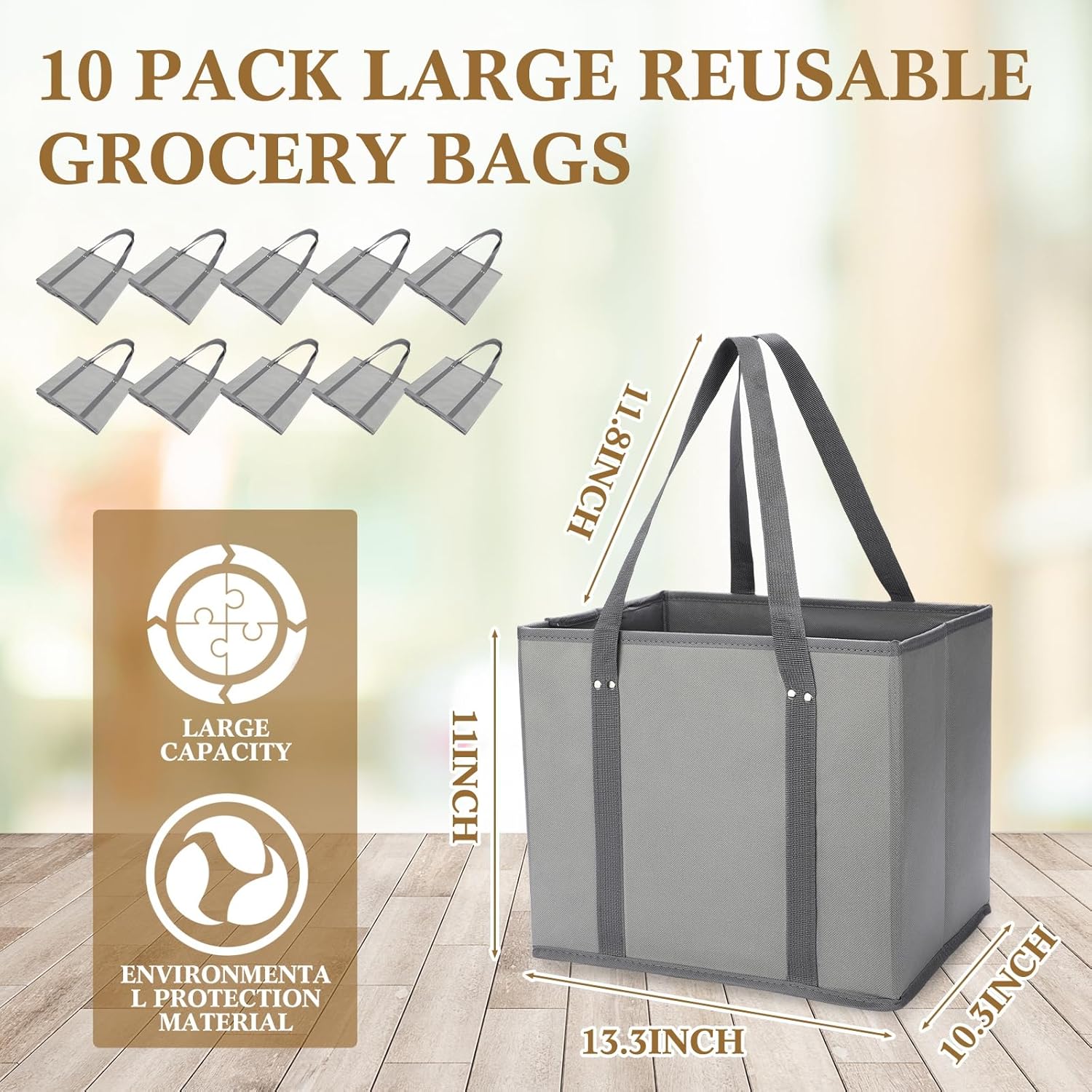 Zhehao Paquete de 10 bolsas de comestibles reutilizables grandes, bolsas de carrito de compras, plegables y resistentes, bolsa de compras