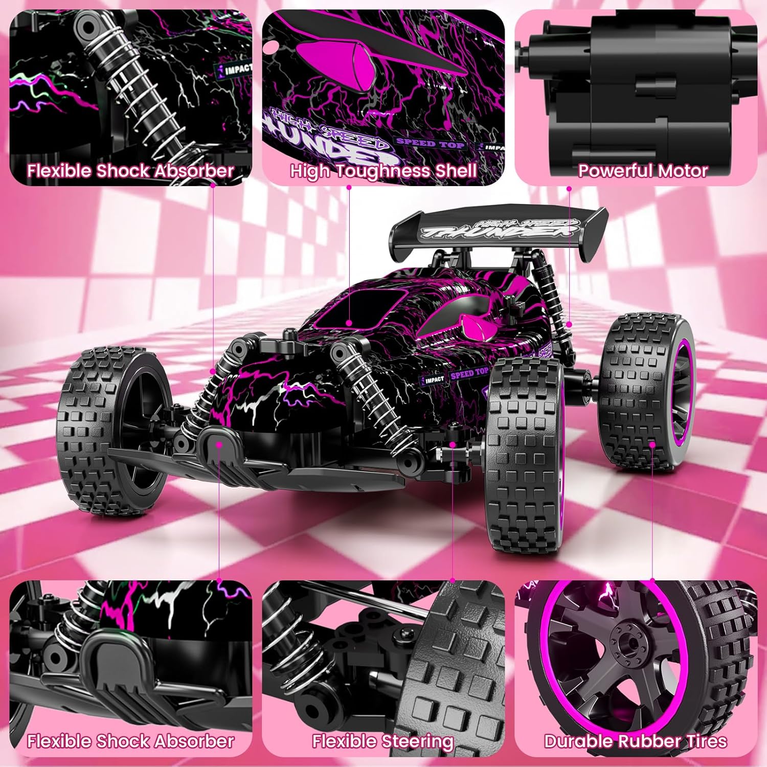 Tecnock Autos RC para niñas y niños, auto a control remoto a escala 118 con luces LED, 2.4 GHz 2WD todo terreno con 2 baterías recargables para
