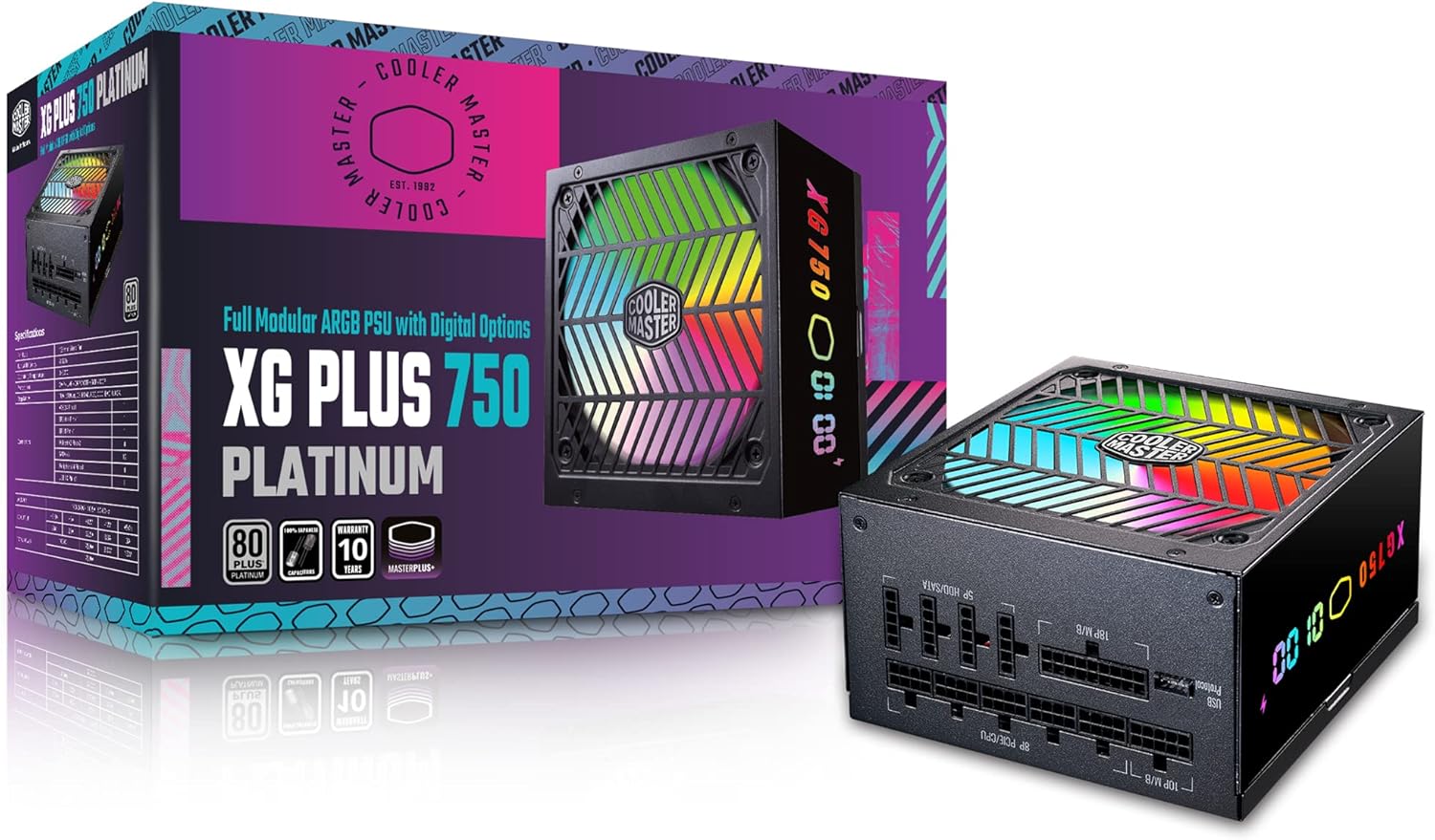 Cooler Master XG750 Plus Platinum ARGB totalmente modular, 750W, panel de visualización de información incorporado, ventilador silencioso ARGB 5.315