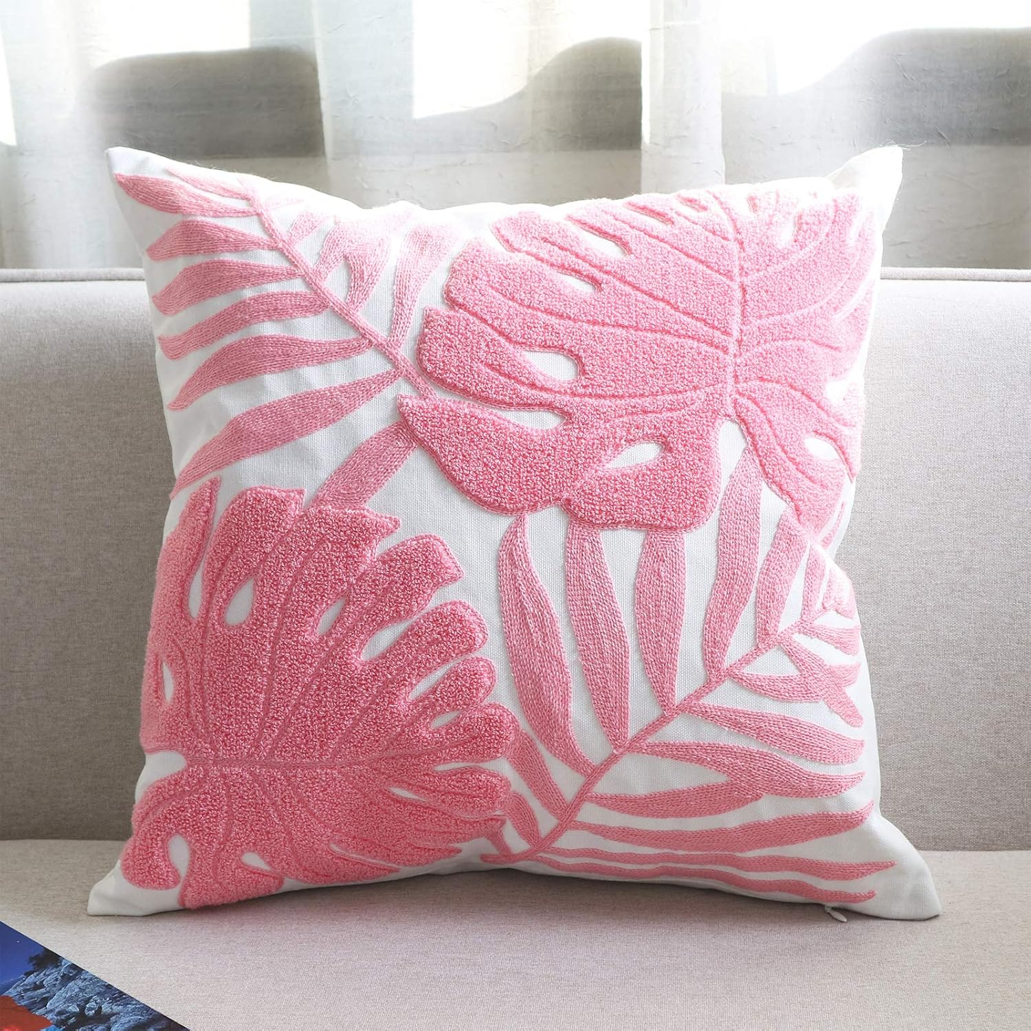 Funda de almohada bordada de 18 x 18 pulgadas, decoración del hogar, funda de almohada de suelo para sofá, silla, 100% algodón, con lazo bordado de