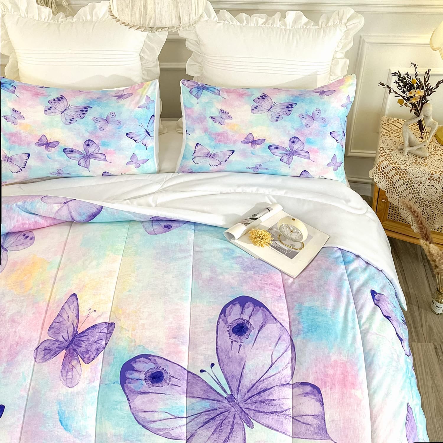 CVHOUSE Juego de edredón de mariposa tamaño King para niñas y mujeres, juego de ropa de cama de mariposa, juego de cama de mariposas, juego de