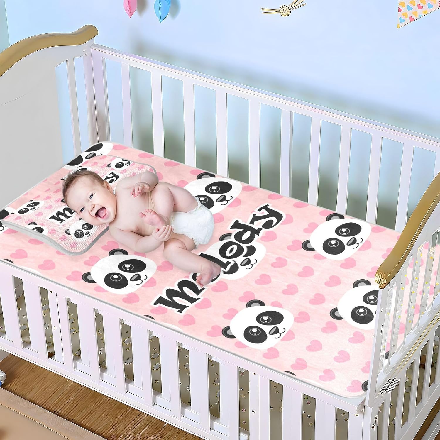 Custom Cute Cartoon Panda Pink Crib Mattress Protector Pad for Boys Girls Baby Ice Silk Mat Bed Pack and Play Sheets Cooling Mattress Topper for