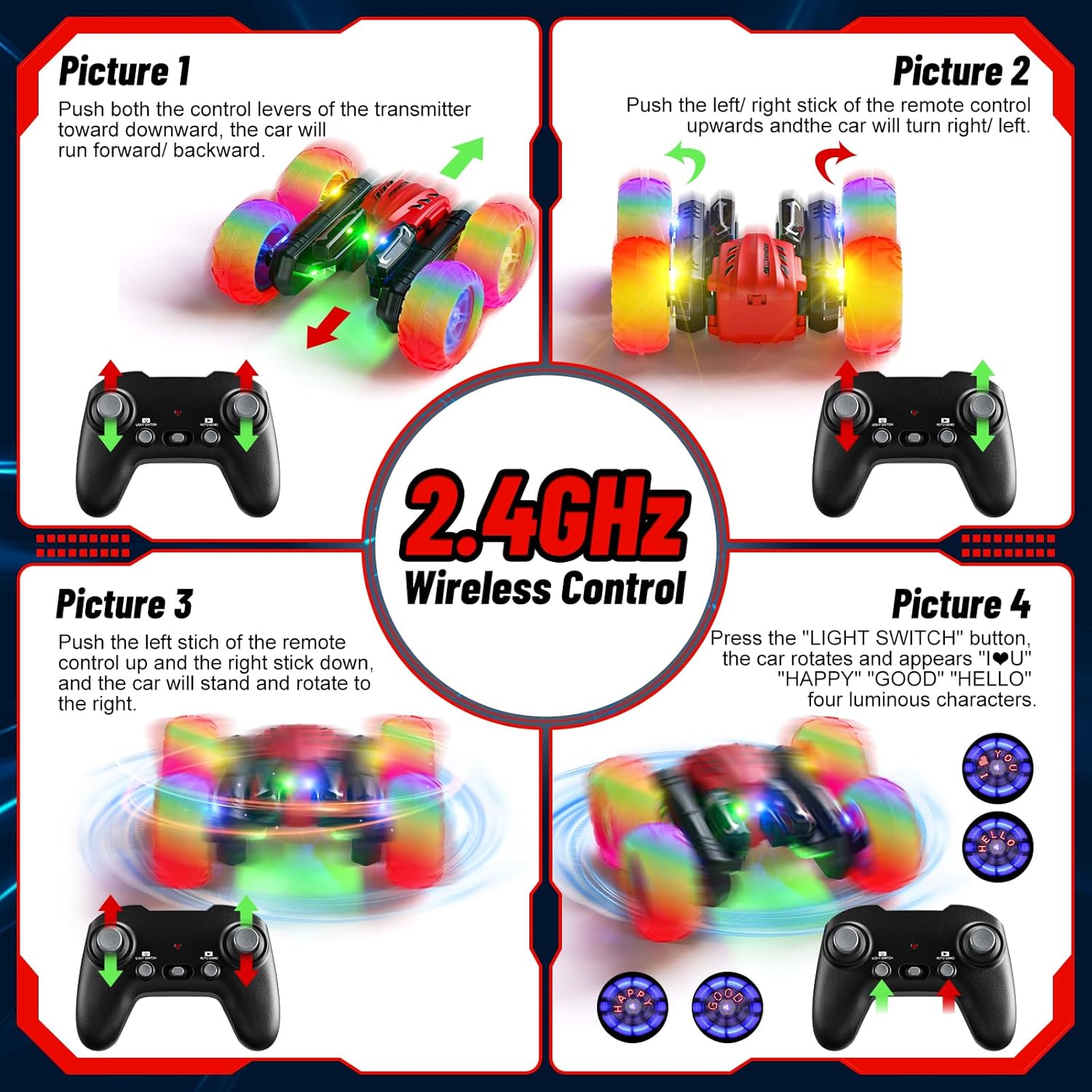 Coche de control remoto, auto de carreras RC giratorio de 360 con luz para la rueda de los faros, rollo de doble cara de 2.4Ghz 4WD Rock Crawler,