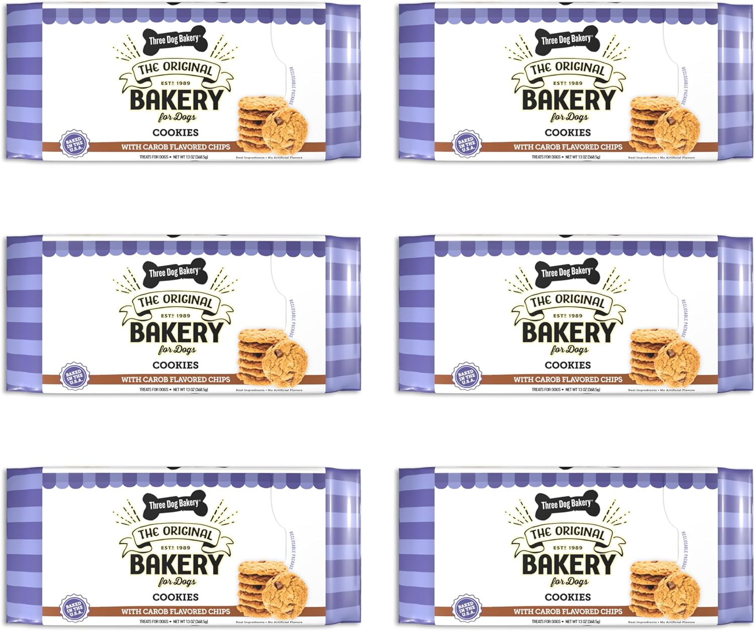Three Dog Bakery Galletas con chips con sabor a algarroba, golosinas prémium para perros, paquete de 13 onzas, paquete de 6