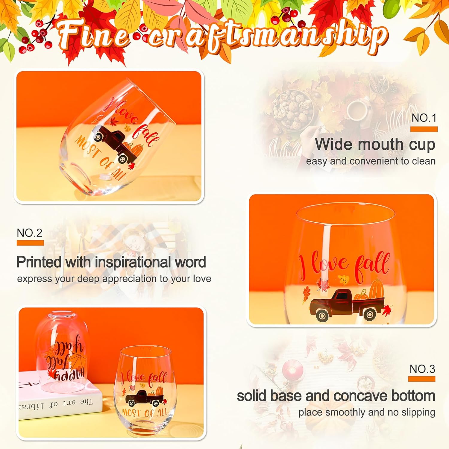 4 copas de vino sin tallo de otoño para mujeres, decoraciones de otoño de Acción de Gracias, tazas de especias de calabaza, cosecha de calabaza,