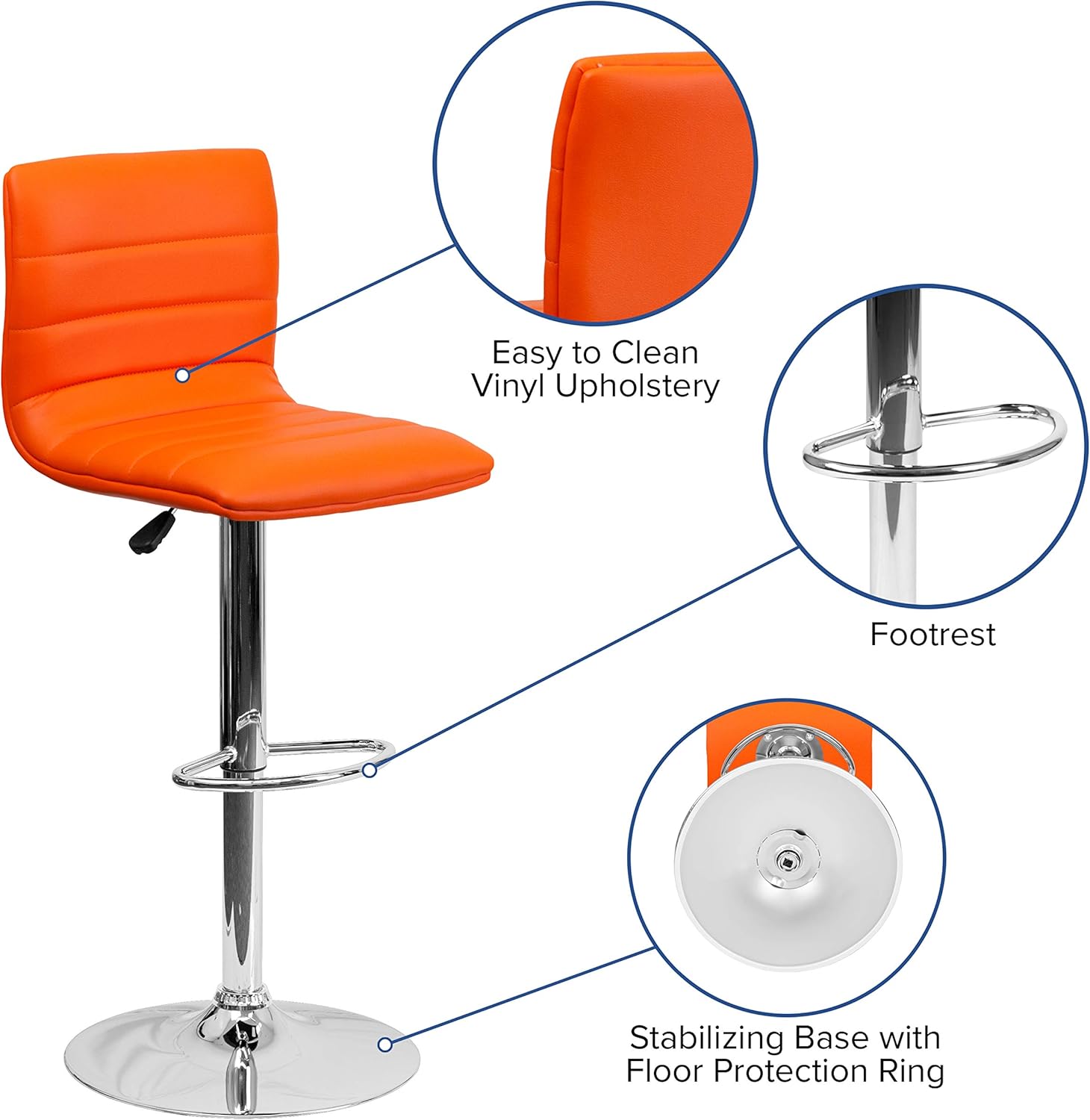 Flash Funiture silla de bar ajustable con base cromada, Vinilo, Anaranjado