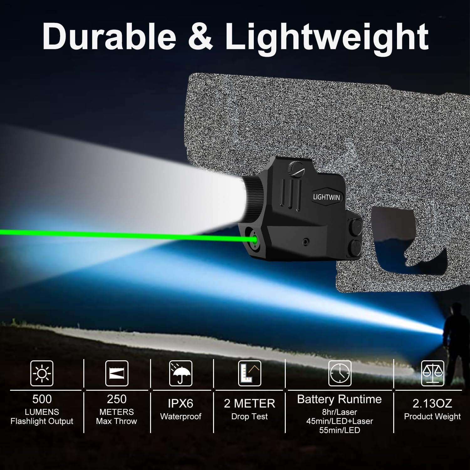 Combo de luz láser magnética recargable de 500 lúmenes, haz láser rojoverde, función estroboscópica y constante para linterna táctica con riel
