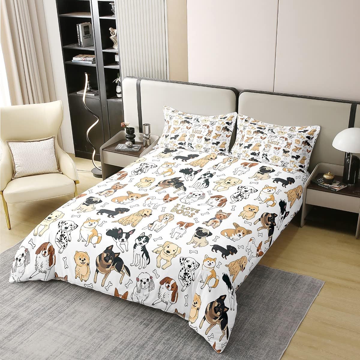 Juego de funda de edredón de perro 100% algodón natural con texto en inglés “I Love Dogs”, juego de ropa de cama con diseño de pug corgi shiba