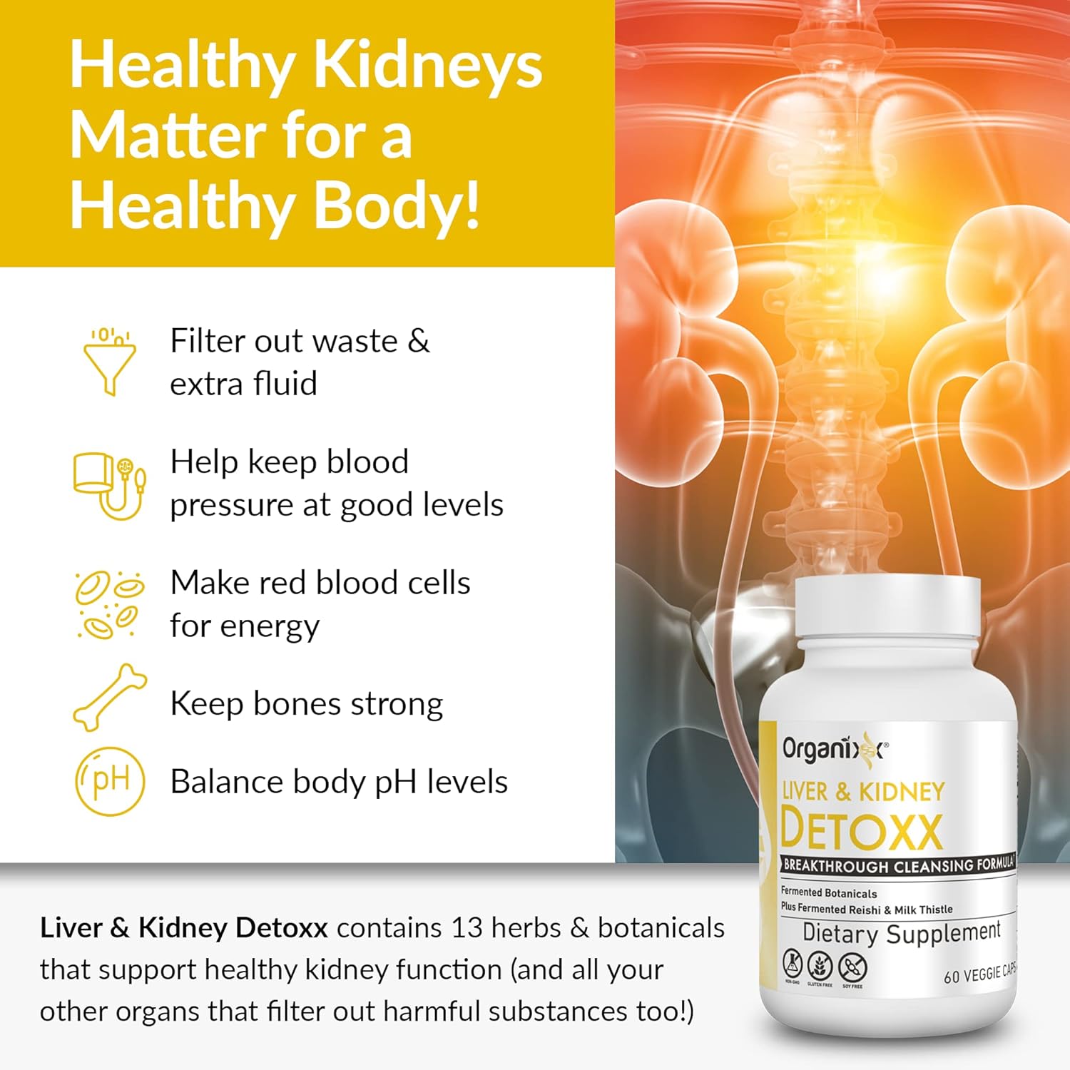 Organixx Suplemento de limpieza desintoxicante de hígado y riñón, extracto de planta + suplementos de hierbas para la salud digestiva, apoyo al