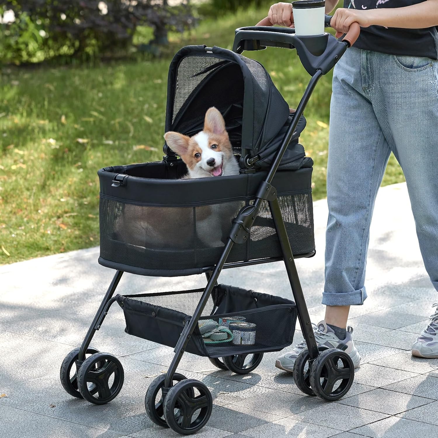Cochecito plegable 3 en 1 para perro, cochecito plegable para mascotas, cochecito de perro y gato de 4 ruedas con transportador de viaje extraíble