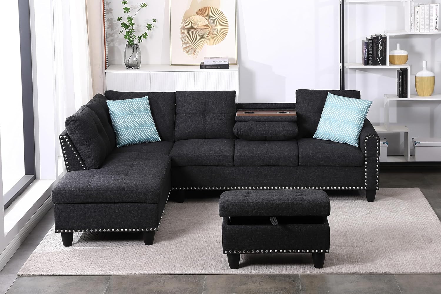 Sofá modular de 3 piezas, juego de muebles de sala de estar, sofá esquinero tapizado de 5 plazas en forma de L, 1 diván gris oscuro