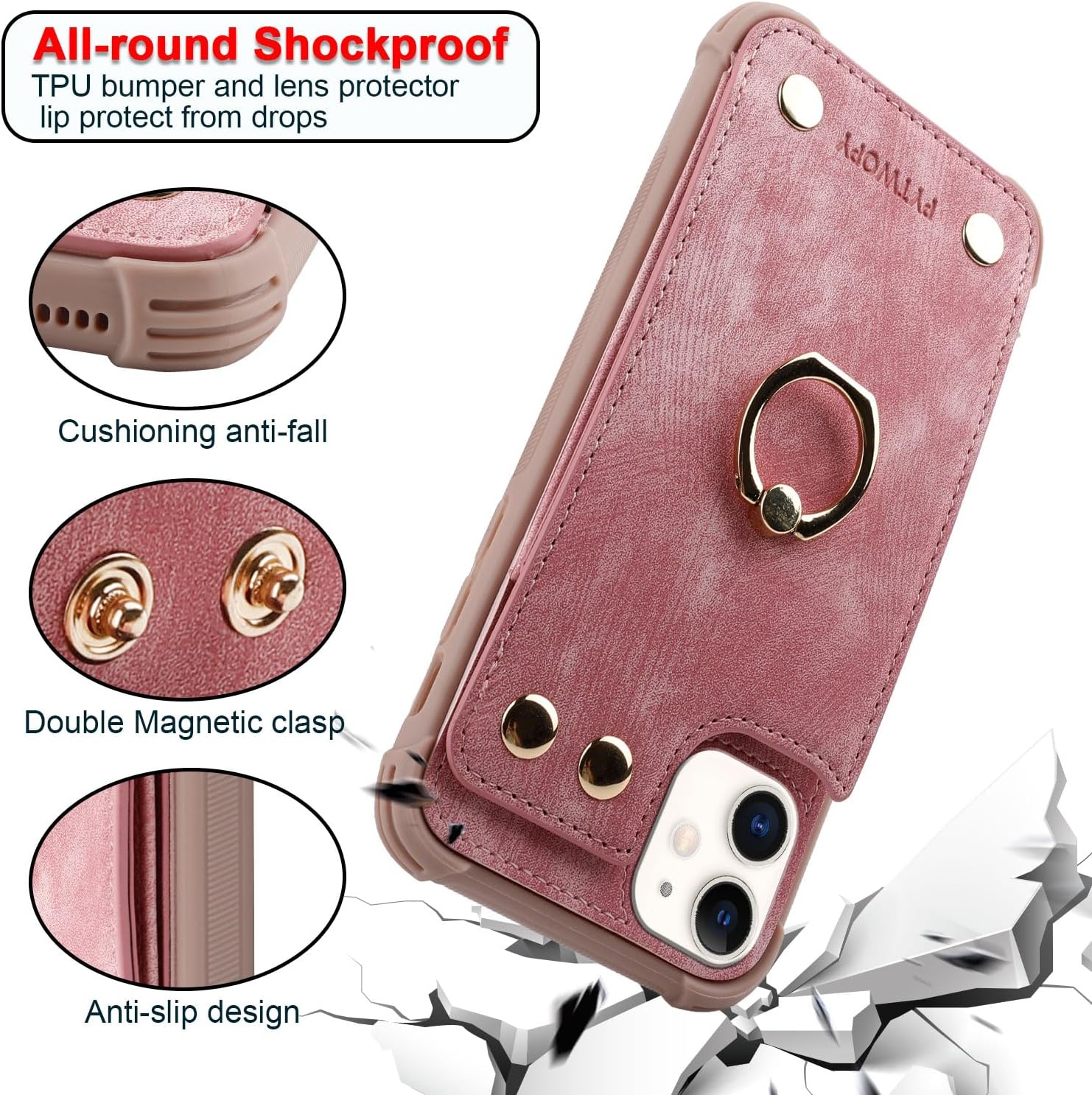 Funda tipo cartera para iPhone 12 Pro12 con tarjetero de crédito, funda protectora de cuero a prueba de golpes compatible con soporte de anillo de
