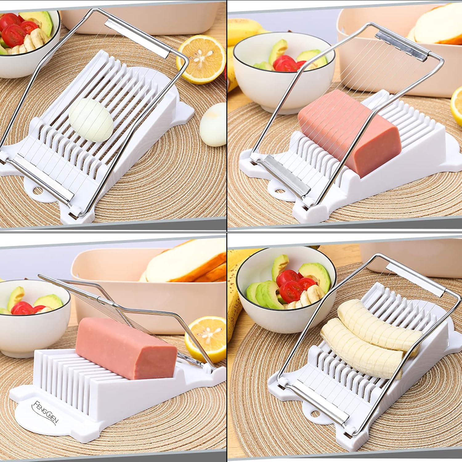 Cortador de huevos, rebanador de carne, cortador de huevos para huevos duros, rebanador de FENGCHEN Spam con 10 cables de corte cantando en acero