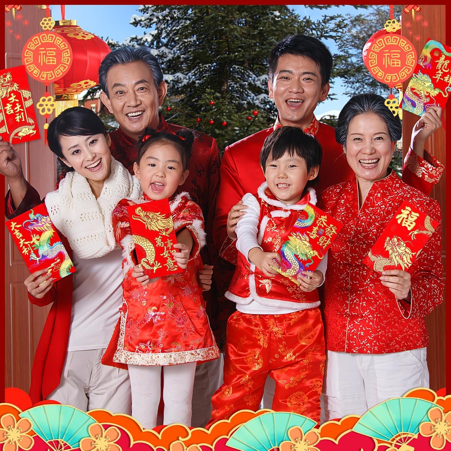 UPINS Sobres rojos de año nuevo chino 2024, 48 sobres rojos de dinero de la suerte Hong Bao con estampado de dragón lunar en relieve para decoración
