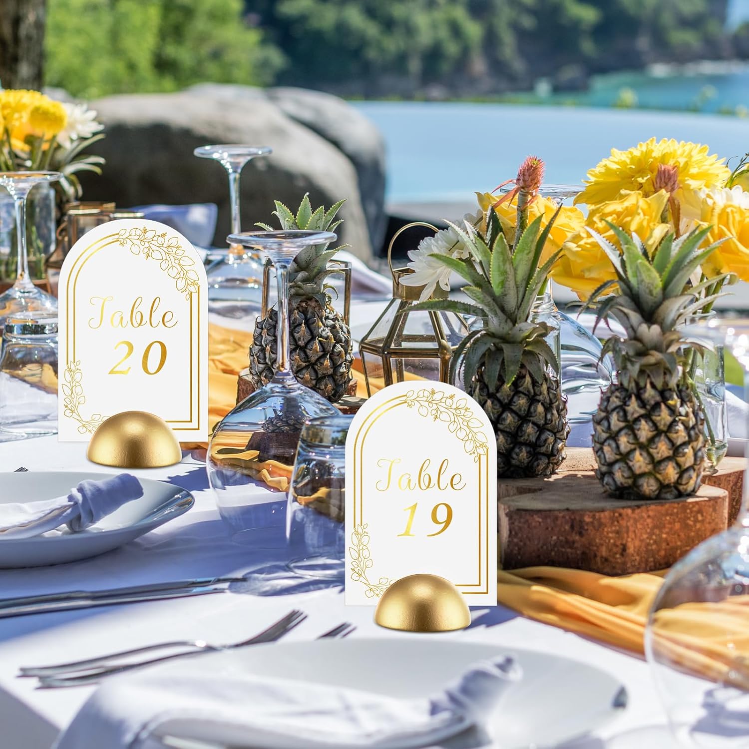 60 tarjetas de números de mesa de arco con soportes de números de mesa redondos, soportes de números de boda modernos dorados, letreros de número de