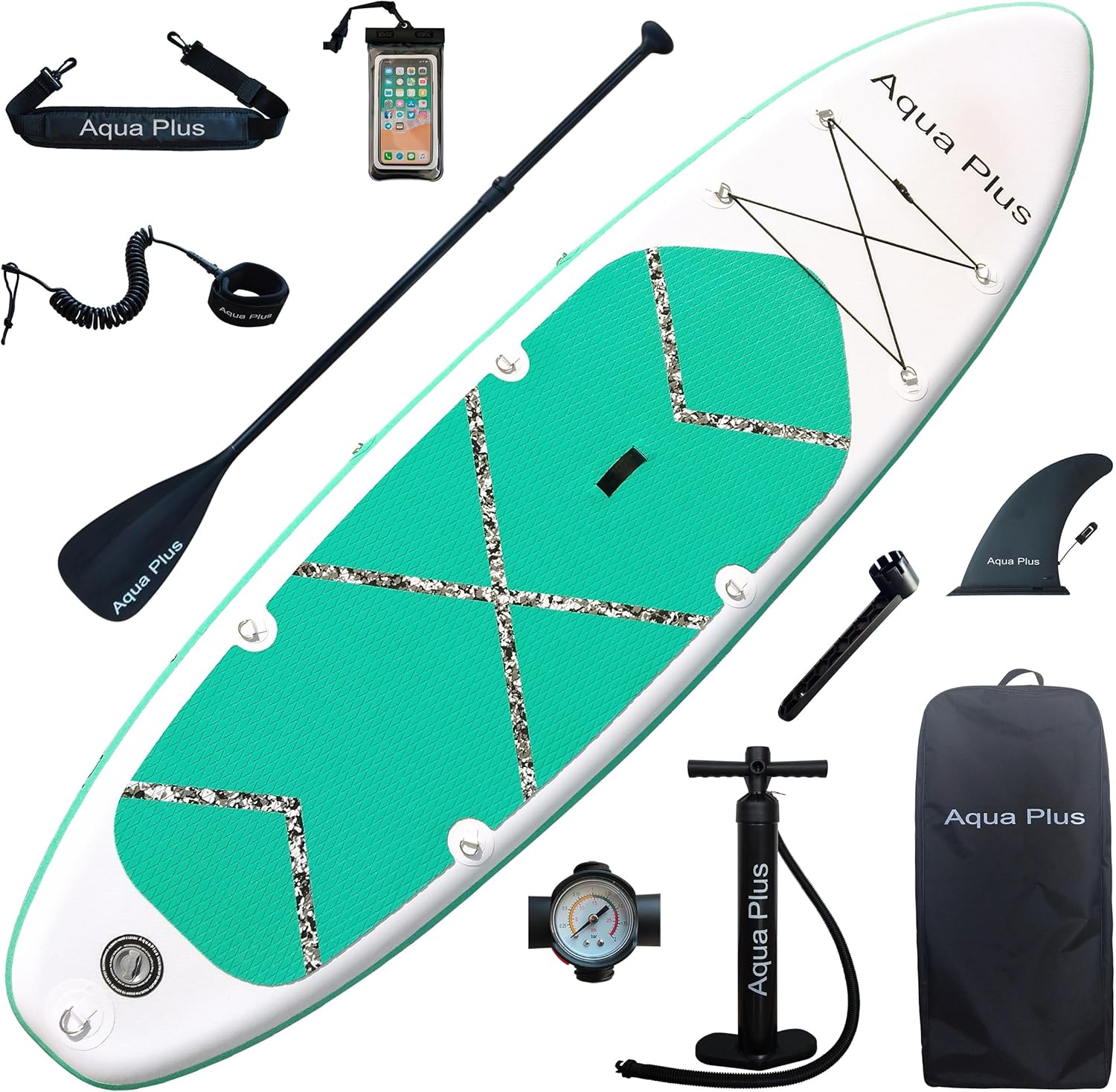 Aqua Plus SUP inflable de 6 pulgadas de grosor para todos los niveles de habilidad, tabla de remo de pie, remo, bomba de doble acción, mochila de