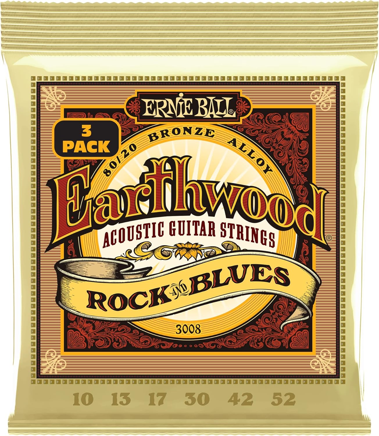 Ernie Ball – Cuerdas personalizadas para guitarra acústica Earthwood Rock & Blues de bronce 8020, paquete de 3, calibre 10-52 (P03008)