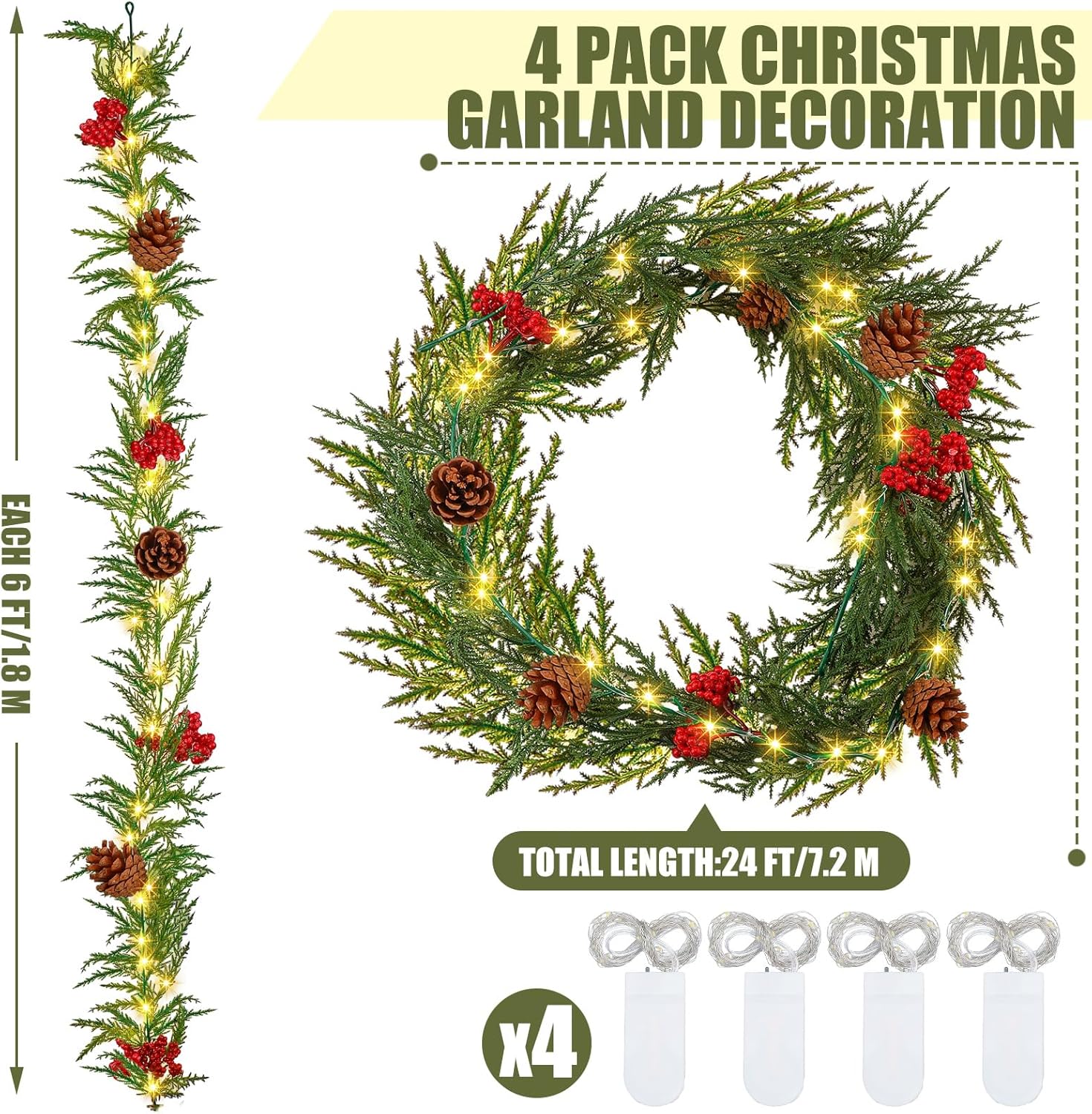 Sosation 8 juegos de guirnaldas de Navidad iluminadas de 6 pies con luces, guirnalda de vegetación artificial preiluminada con bayas rojas de pino