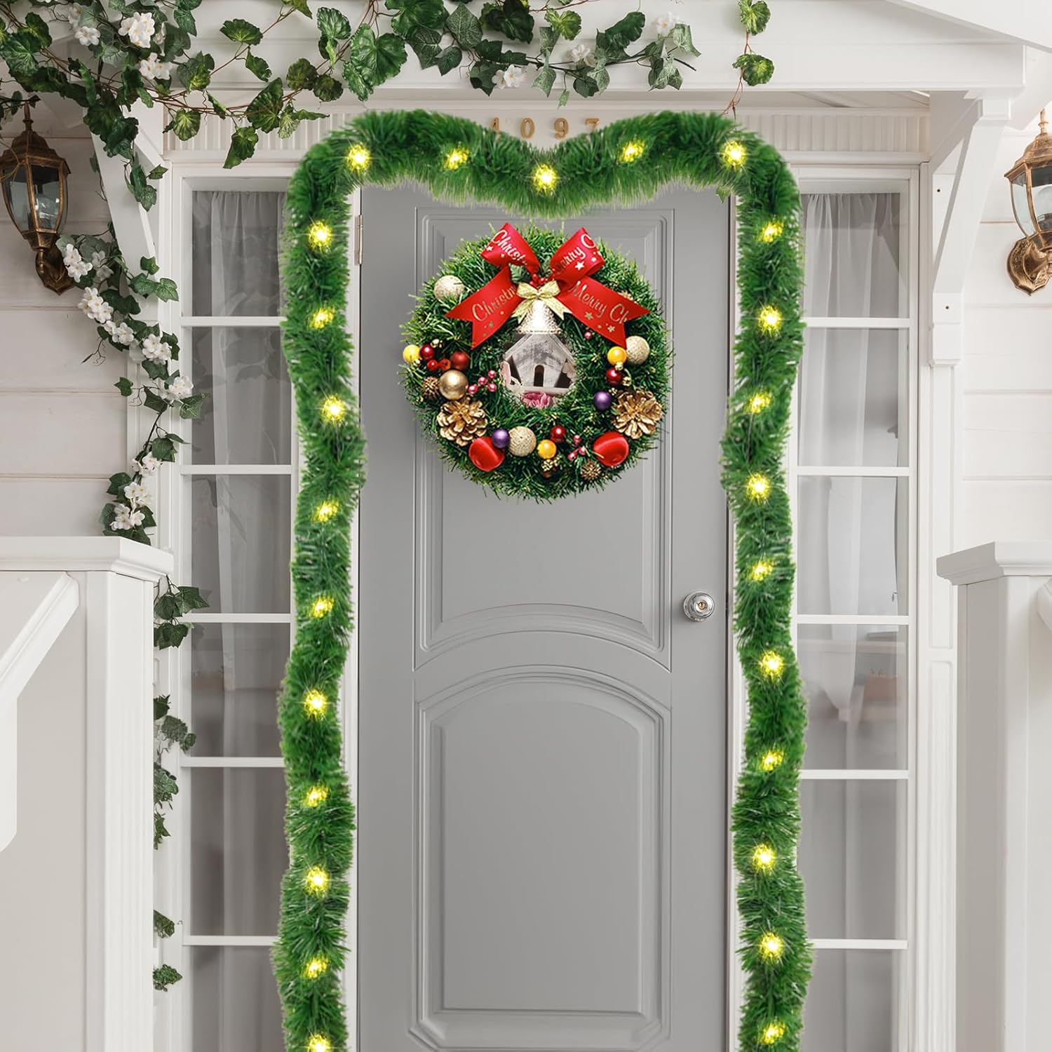 Guirnalda de Navidad de 18 pies, 60 luces LED preiluminadas, guirnalda de Navidad artificial, decoración de Navidad iluminada para interiores,
