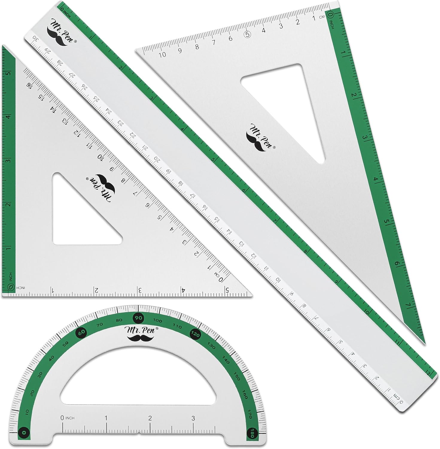 Mr. Pen – Juego de geometría, rayas verdes, paquete de 4, kit de geometría metálica, regla triangular, regla de metal, triángulos de dibujo,