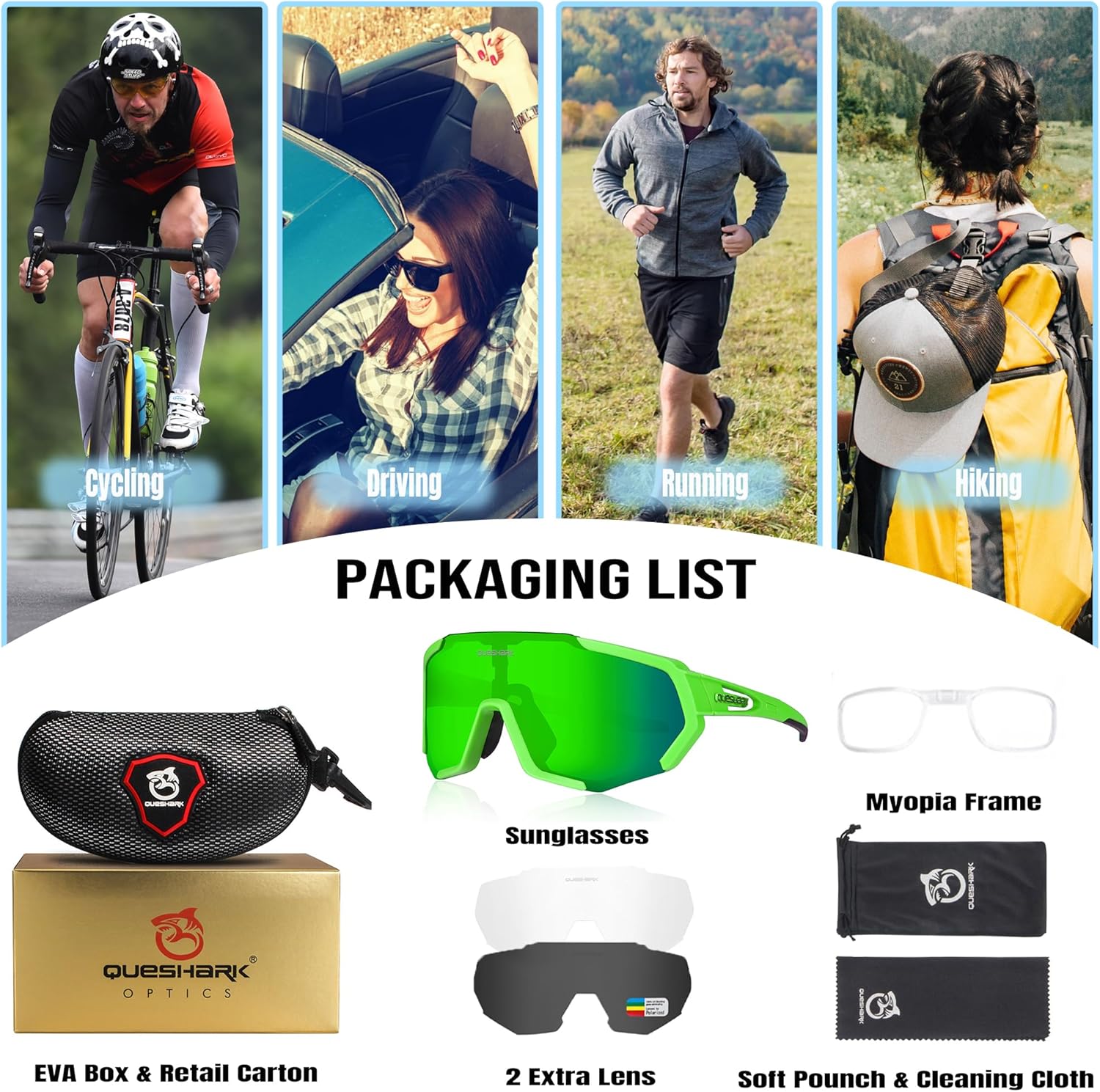 Lentes de sol Queshark de ciclismo, polarizados, deportivos, con 3 lentes, unisex