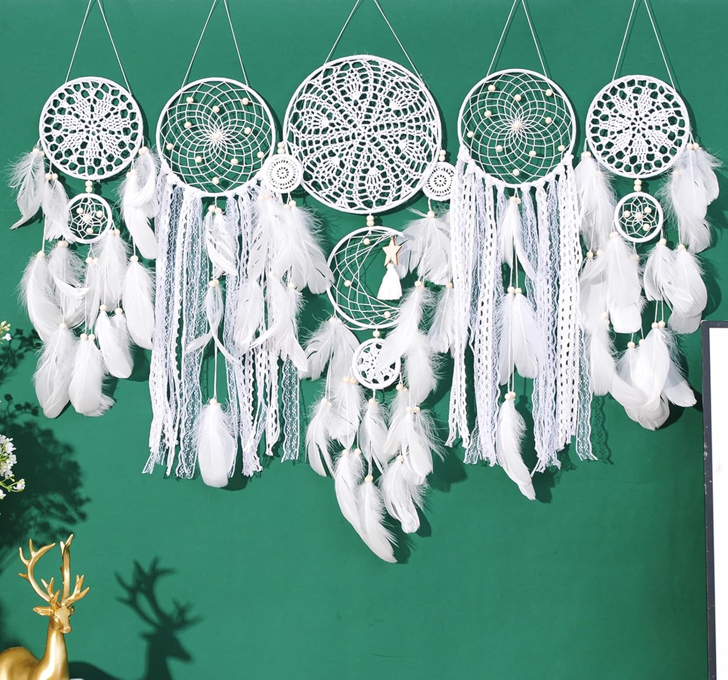 Atrapasueños – Decoración de pared bohemia con plumas de luna y sol, hecha a mano, tradicional, atrapasueños, decoración colgante de pared para