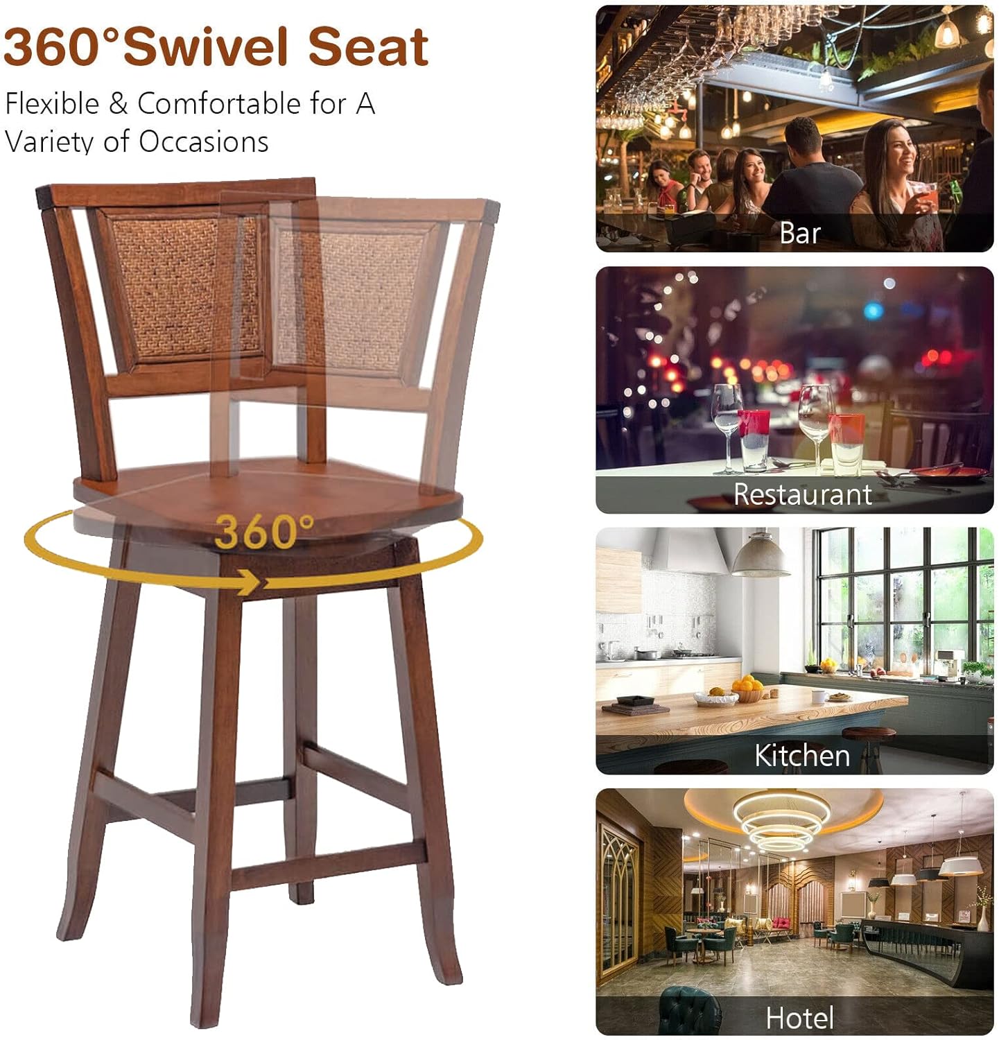 Taburete de bar, silla alta, taburete de bar de altura de asiento de 24.5 pulgadas, taburete de madera giratorio de 360 con respaldo de ratán,
