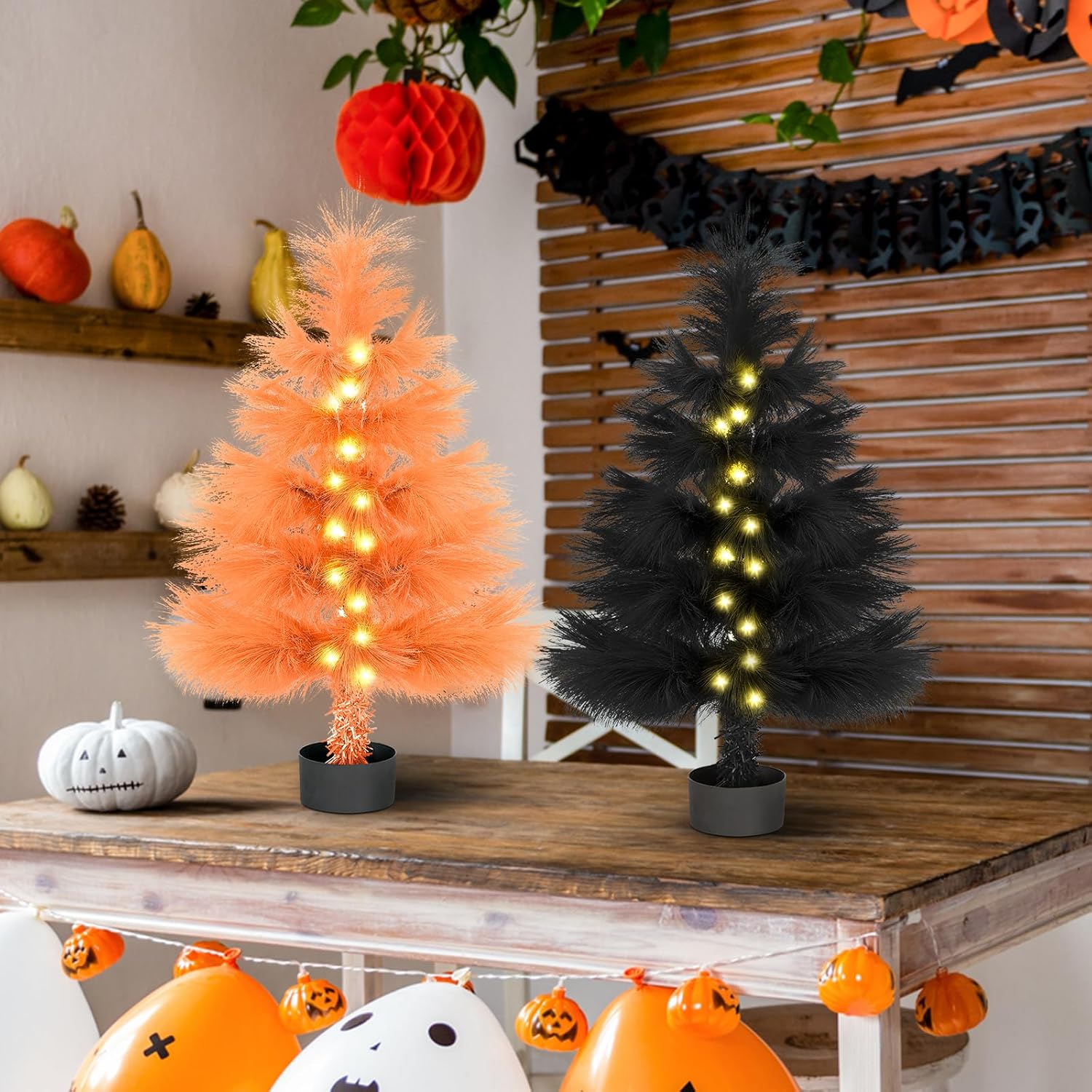 MACTING Mini árbol de Navidad negro con luces, árbol de mesa artificial de 2 pies, funciona con pilas para decoración del hogar, invierno,