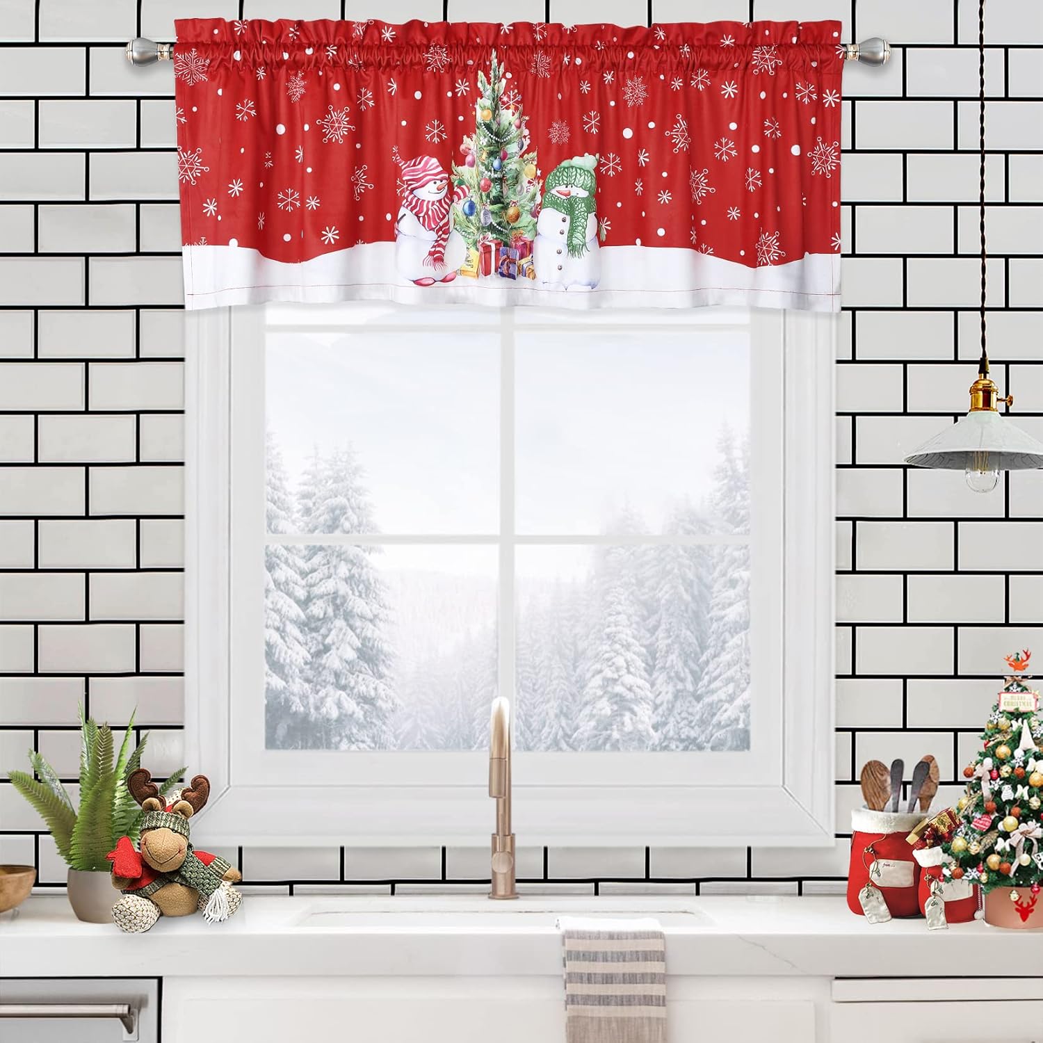 Cortina de cenefa de Navidad, cortinas de cafetería, tratamiento de ventana, bolsillo para barra para decoración del hogar, 1 panel para baño, sala