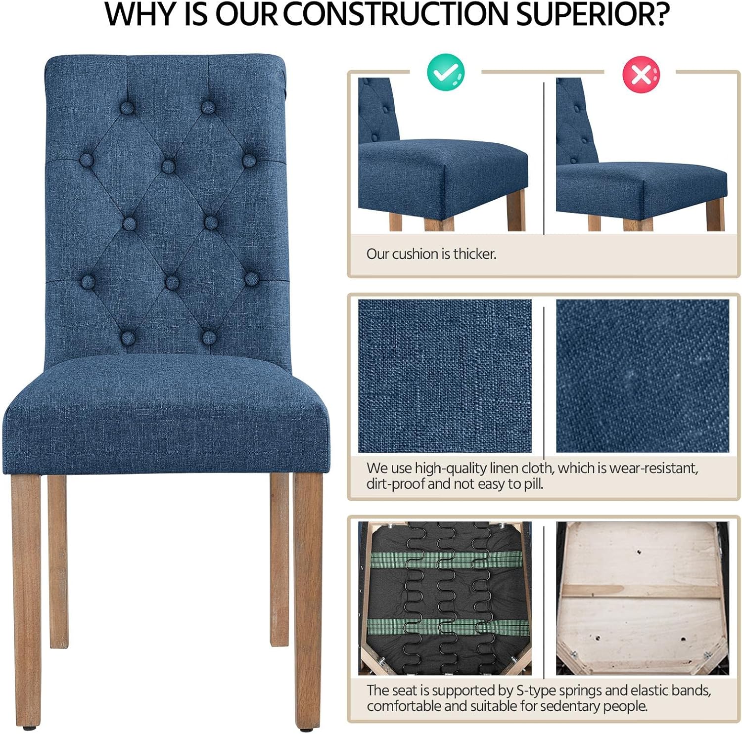 Topeakmart Silla de comedor tapizada de tela clásica, con respaldo alto, sillas de comedor acolchadas con patas de madera para el hogar y los