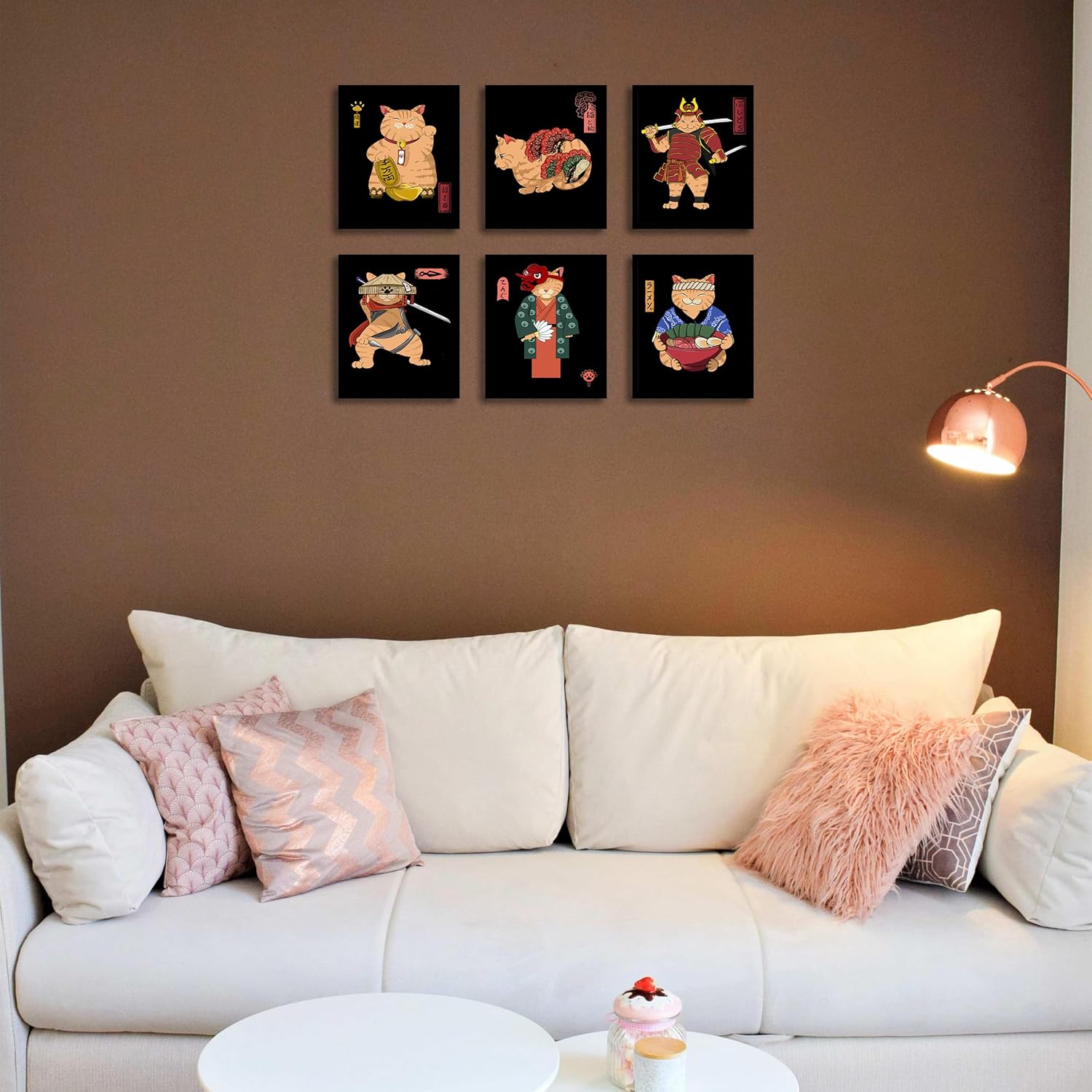 Samurai – Juego de 6 pósteres de gato japonés, decoración de pared de bushido japonés, pinturas de gato de Kung Fu, fotos divertidas de gato de