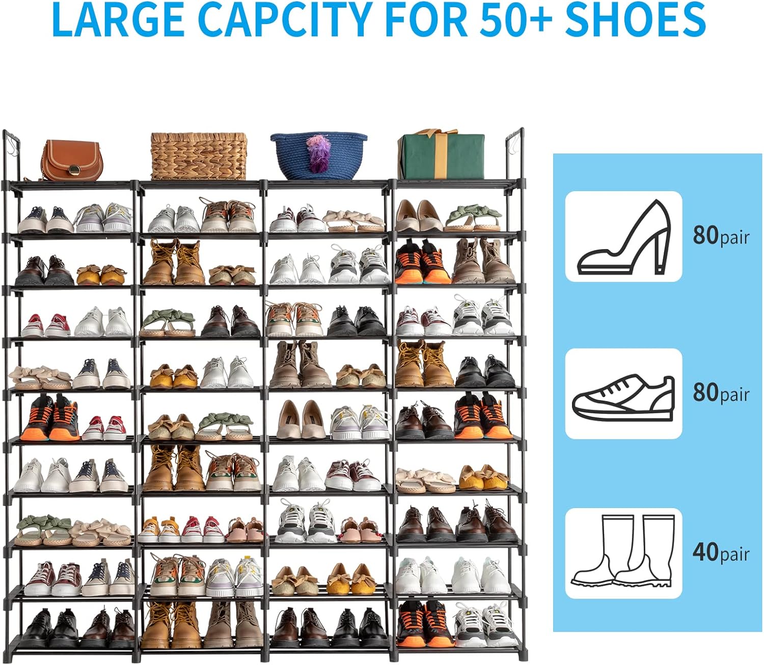 Zapatero de 10 niveles, organizador de almacenamiento para zapatos, organizador de zapatos para entrada, capacidad para 80 pares de zapatos,