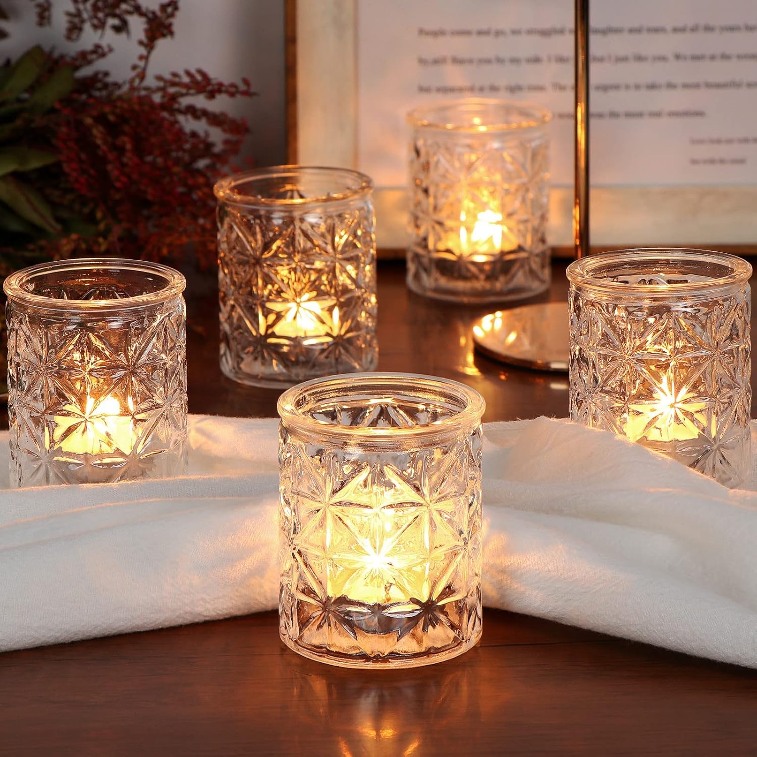 Sunnyfuture Juego de 12 portavelas votivas transparentes, portavelas de vidrio para velas de té, candelabros votivos de vidrio para mesa de boda y