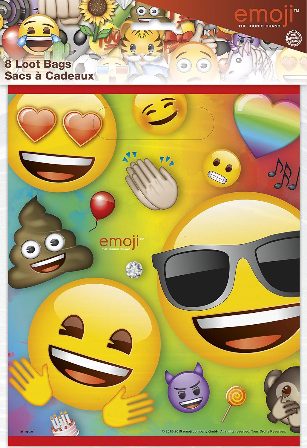 Rainbow Fun Emoji Loot Bags (8 unidades)  Recuerdos de fiesta de Unique para niños, perfectas para coloridas celebraciones de cumpleaños